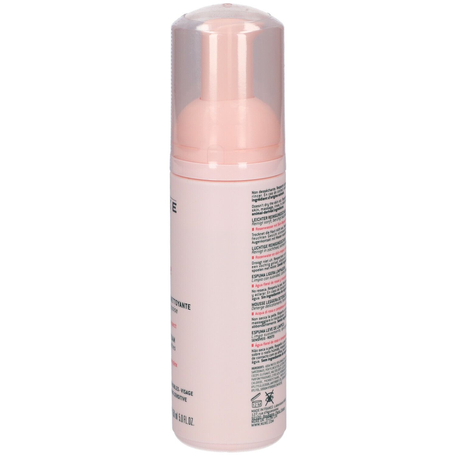 Retro del flacone rosa. Testo multilingue. Codice a barre in basso.