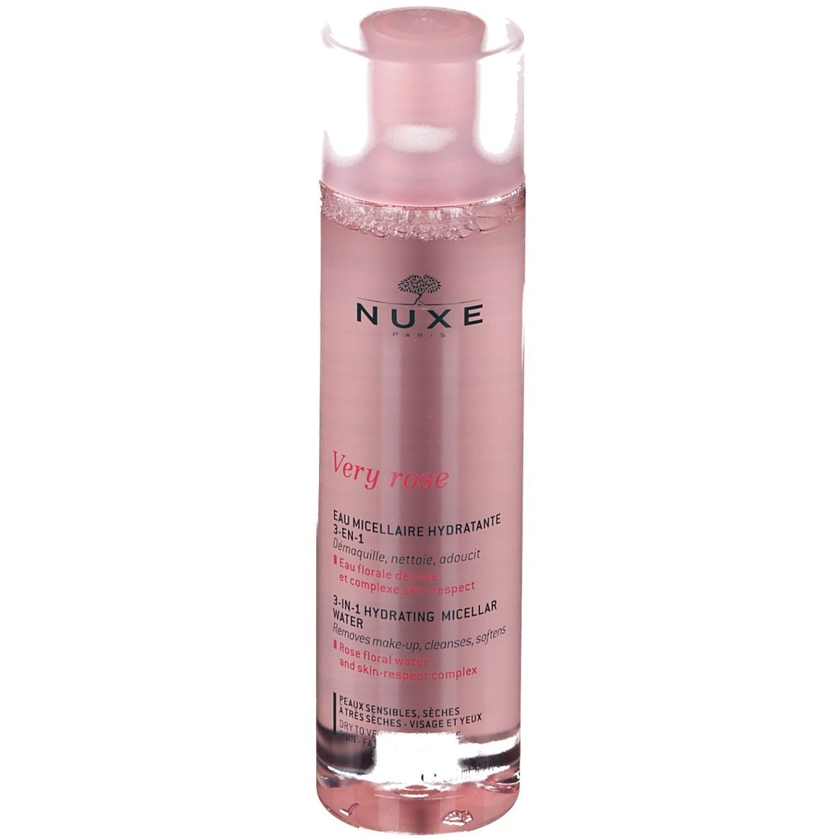 Flacone rosa con tappo rosa. Scritte: NUXE, Very rose, Acqua micellare 3-in-1. Sfondo bianco.