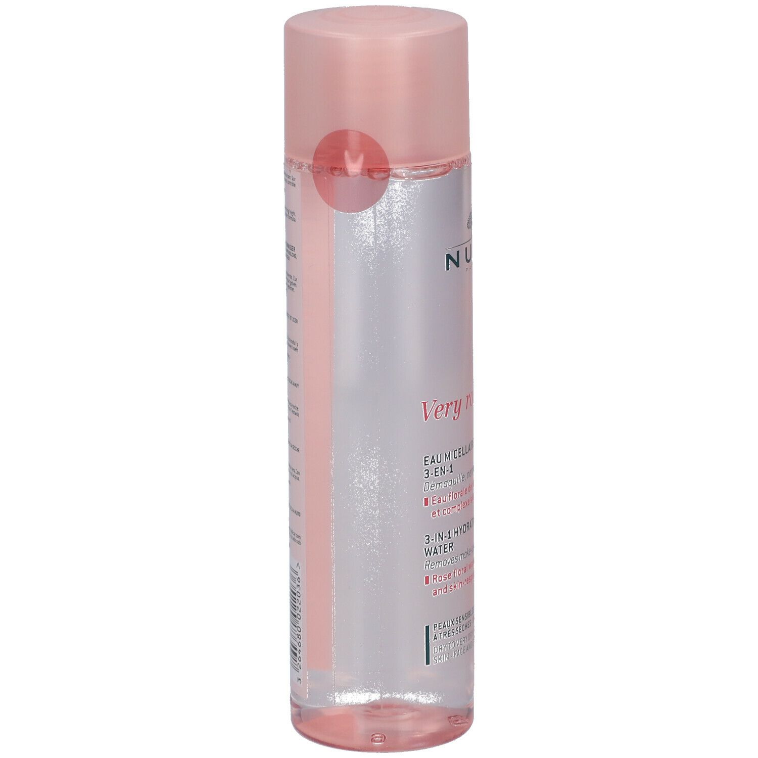 Flacone trasparente con liquido rosa e tappo rosa. Scritte: NUXE, Very rose, Acqua micellare 3-in-1.