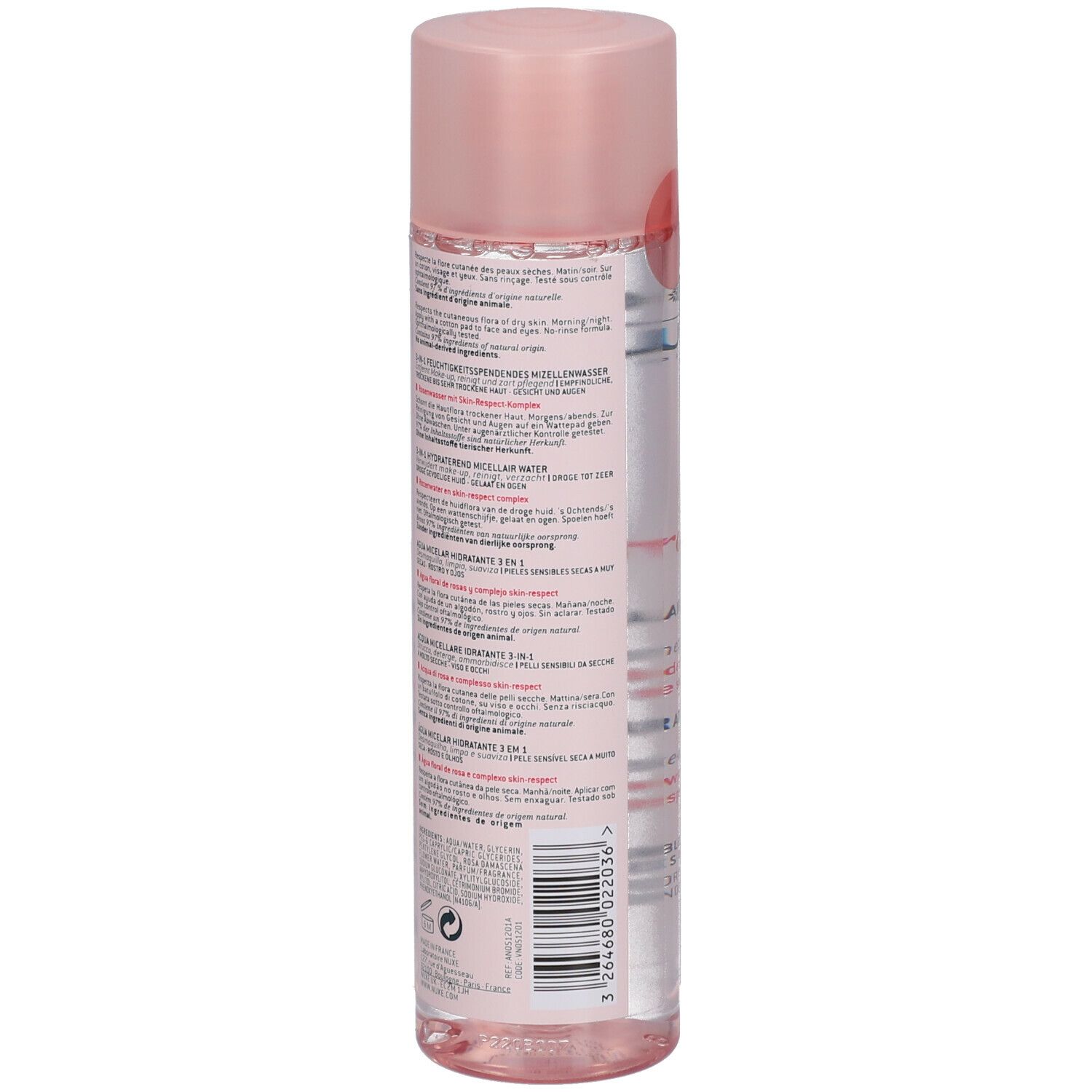 Retro del flacone. Scritte: NUXE, Very rose, Acqua micellare 3-in-1. Testo multilingue.