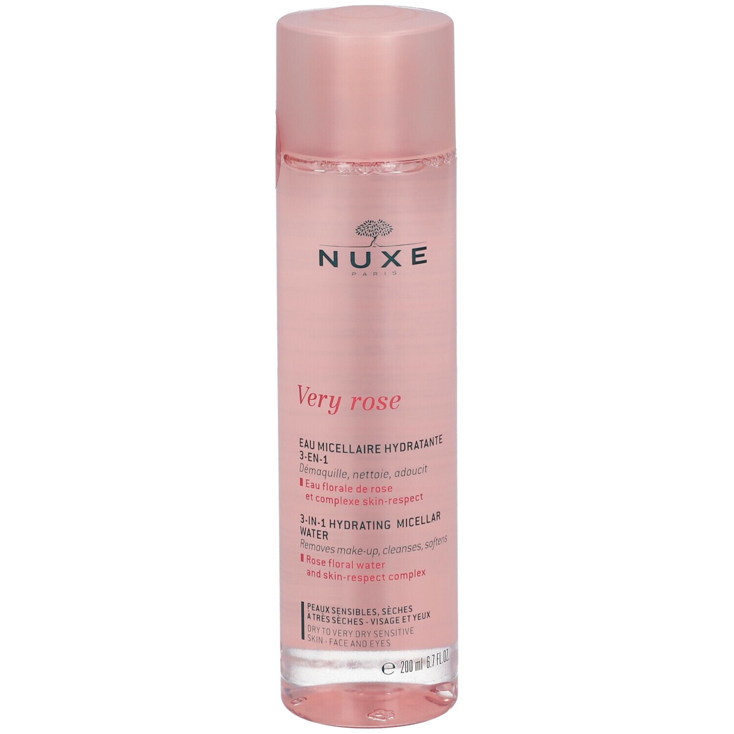 Flacone rosa con tappo rosa. Scritte: NUXE, Very rose, Acqua micellare 3-in-1. 200 ml.