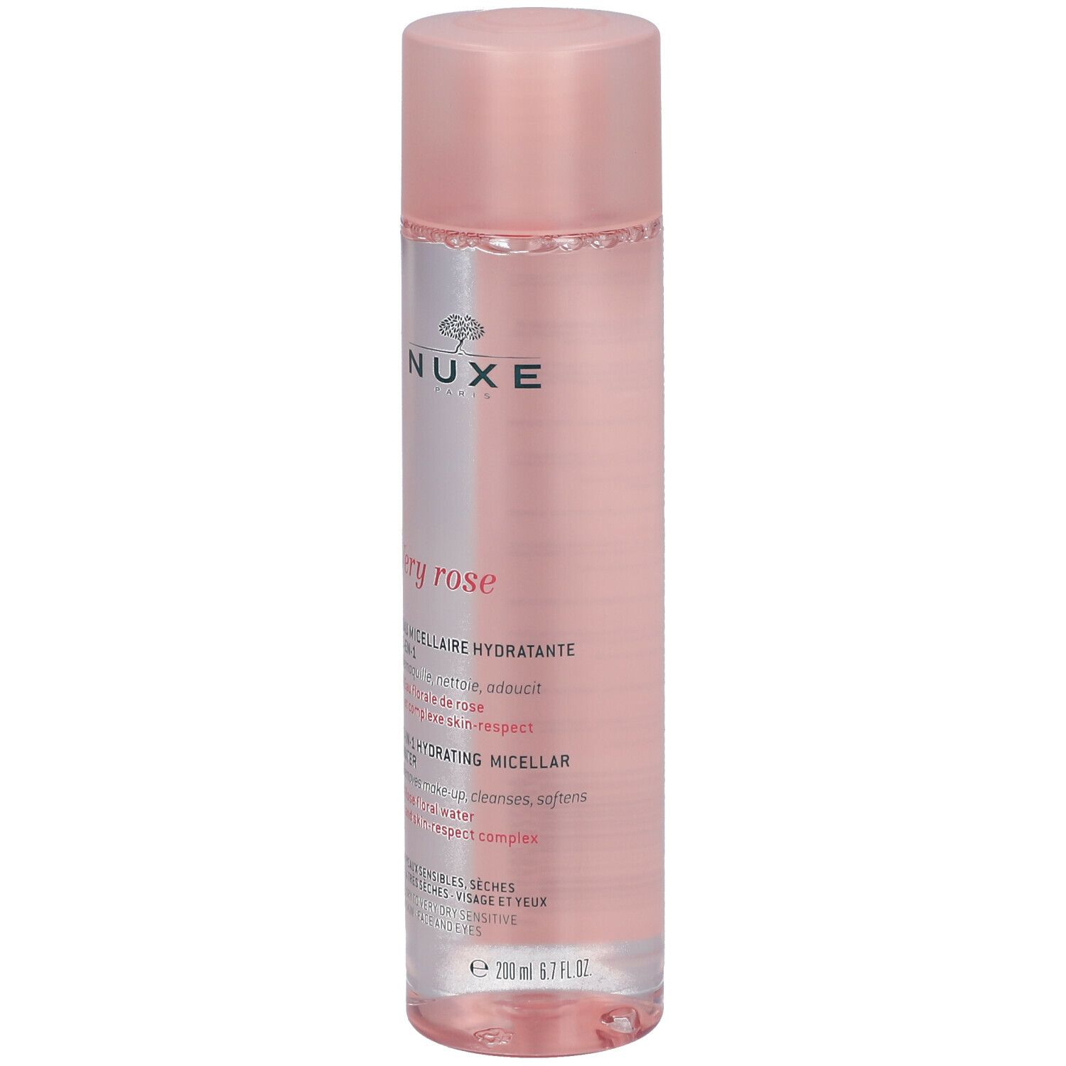 Flacone rosa con tappo rosa. Scritte: NUXE, Very rose, Acqua micellare 3-in-1. 200 ml.