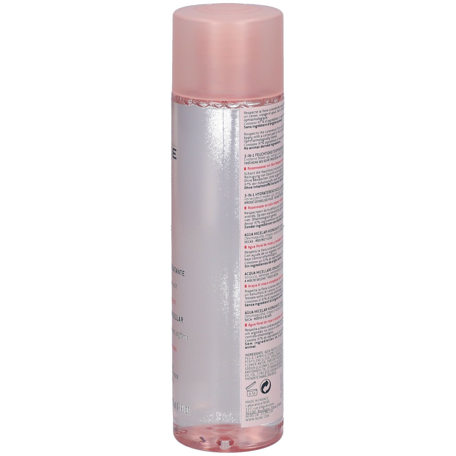Retro del flacone. Scritte: NUXE, Very rose, Acqua micellare 3-in-1. Testo multilingue.