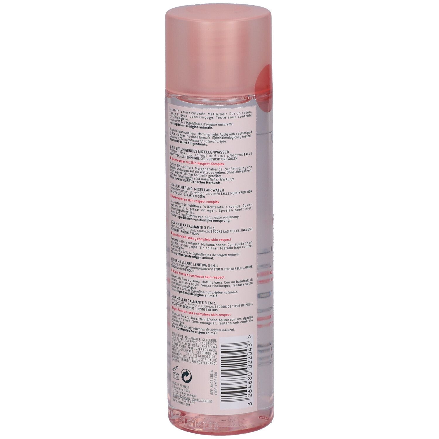 Vista posteriore del flacone rosa. Dettagli del testo sull'etichetta. Logo Nuxe non visibile.