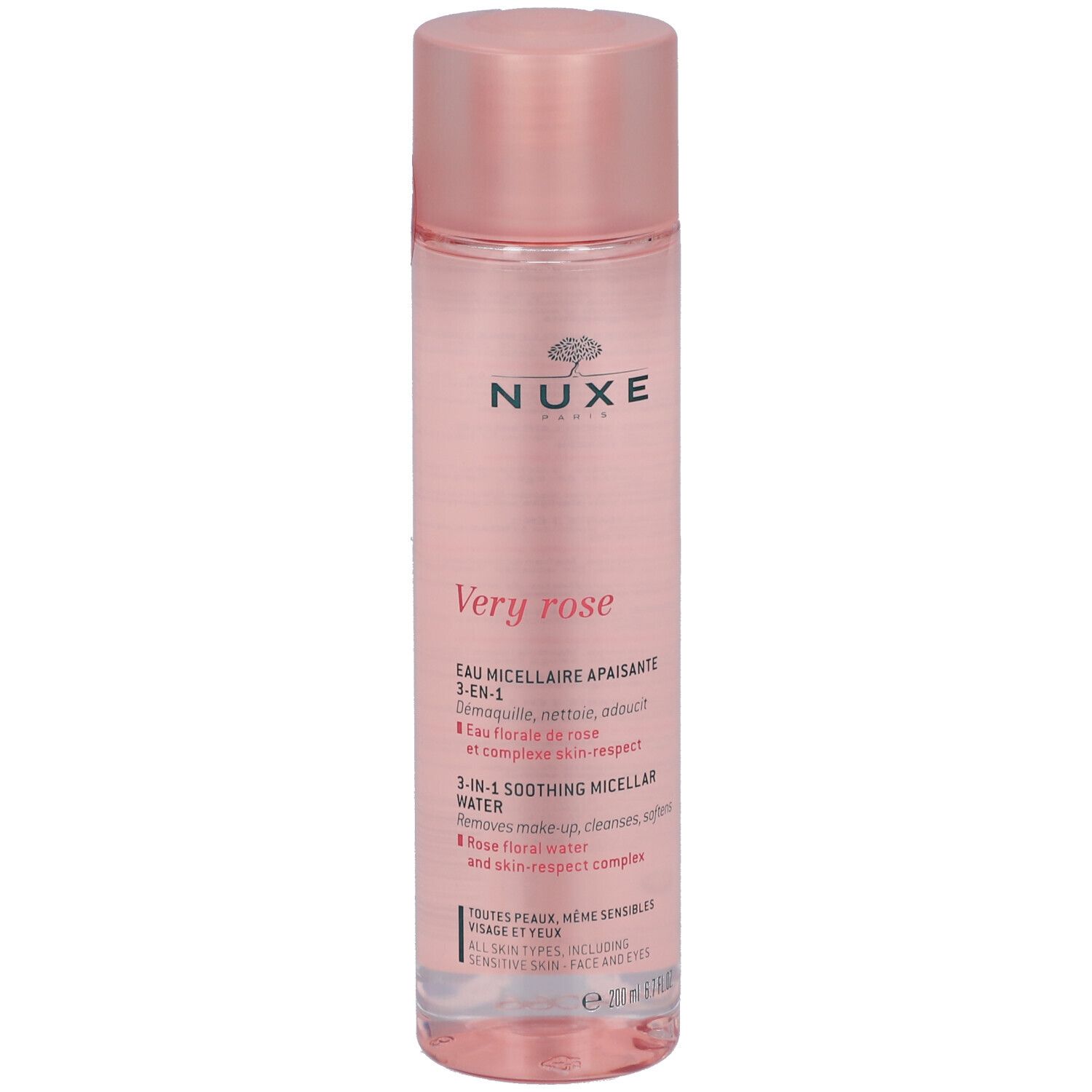 Flacone rosa con logo Nuxe e testo. Contiene 'Very rose' e '3-in-1'.