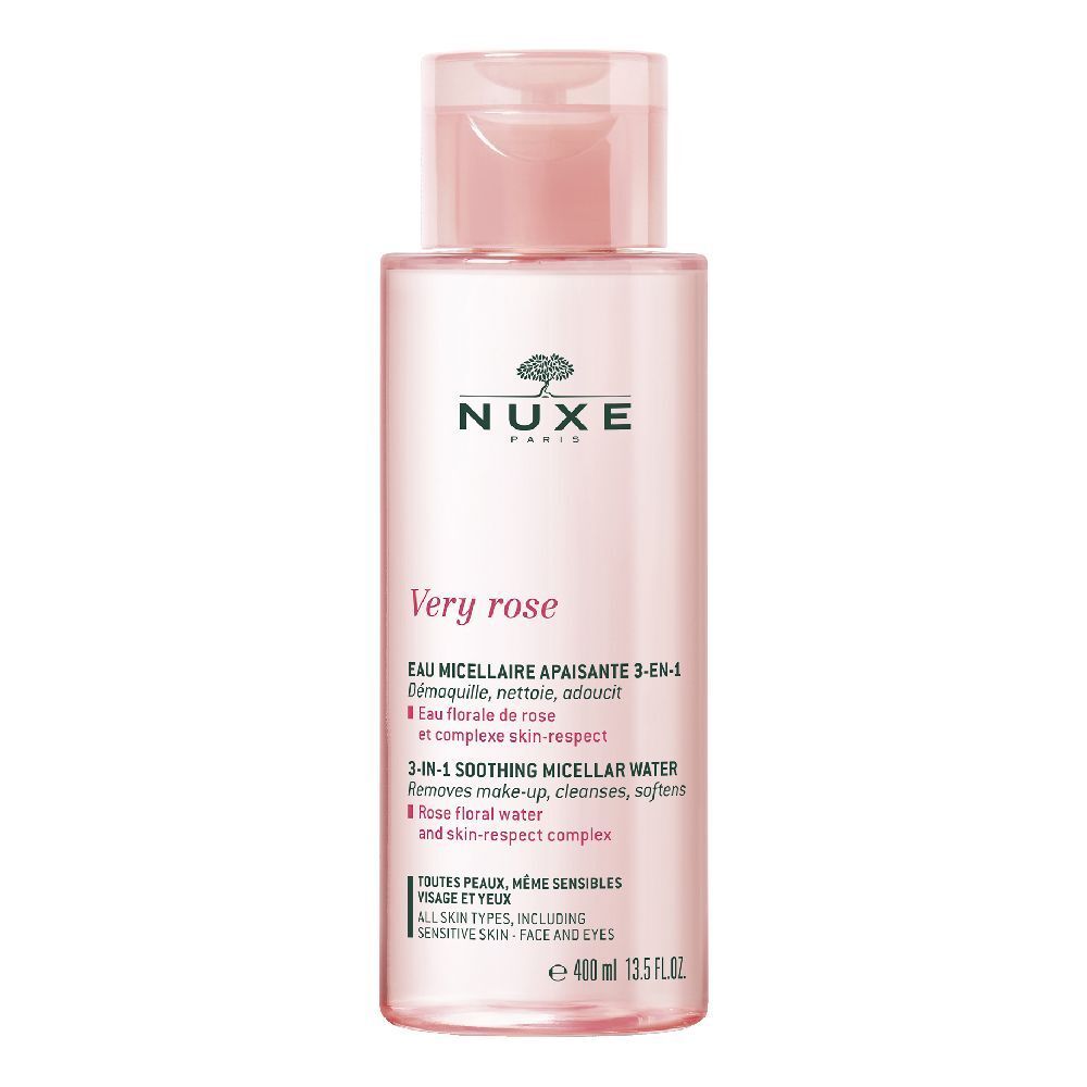 Rosa Flasche mit rosa Deckel. Aufschrift: NUXE, Very rose. Mizellenwasser 3-in-1. Für empfindliche Haut.