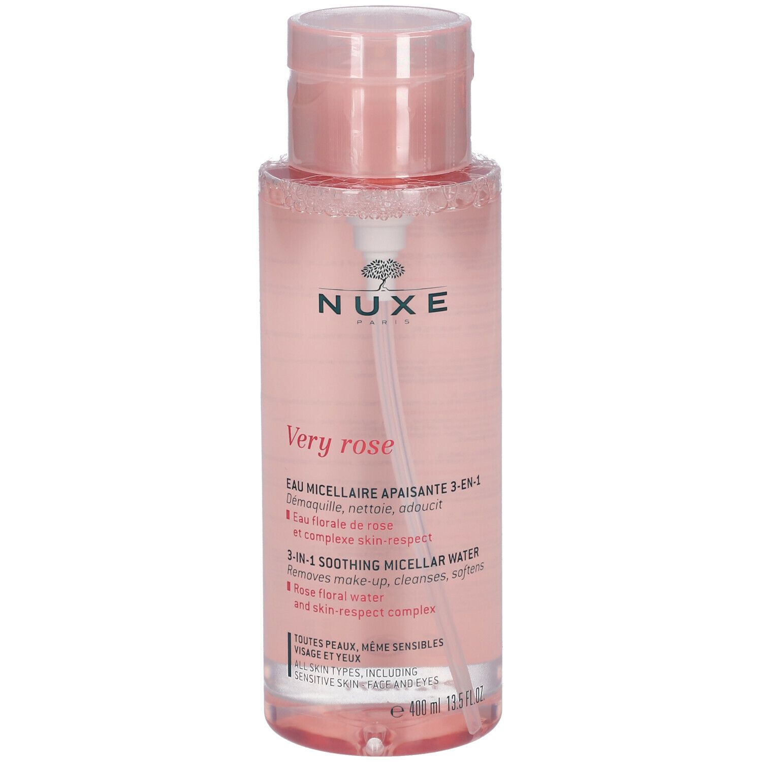 Rosa Flasche mit rosa Deckel und Sprühkopf. Aufschrift: NUXE, Very rose. Mizellenwasser 3-in-1.