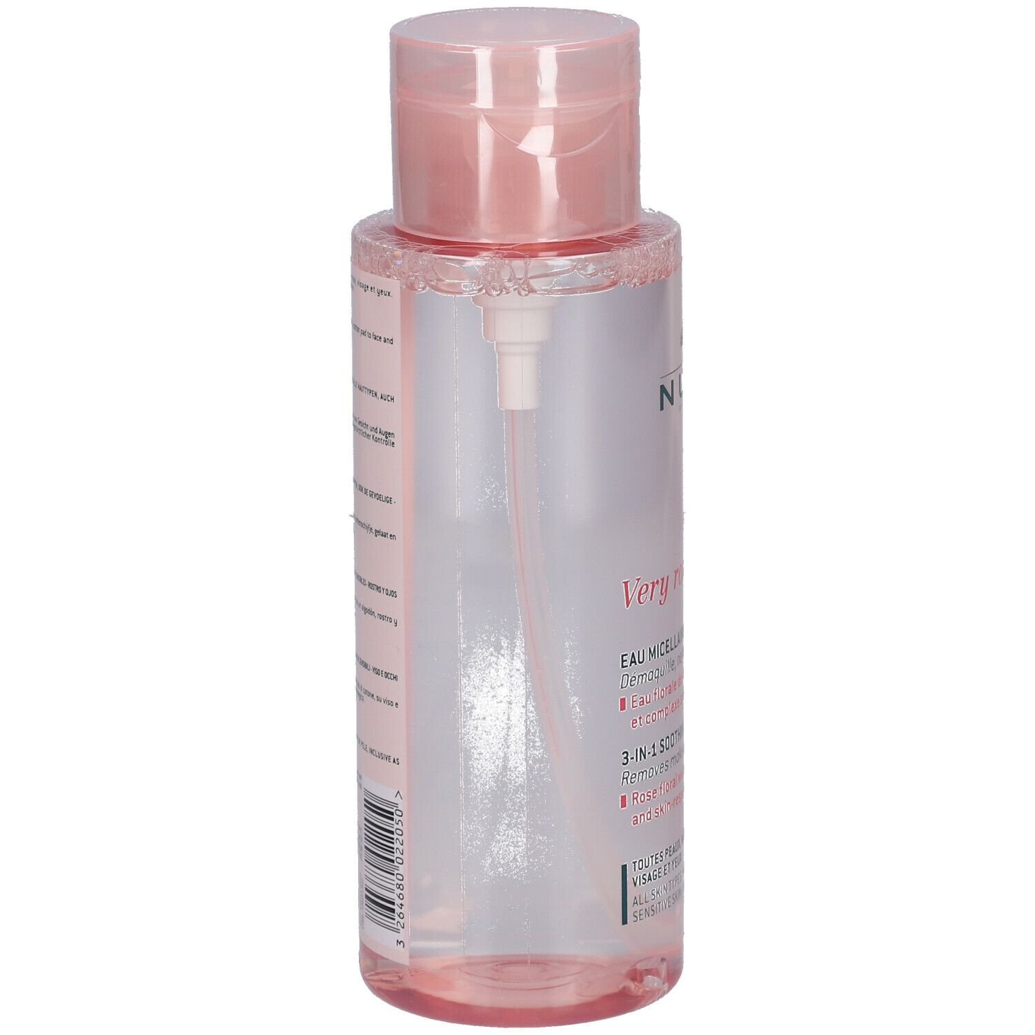 Rosa Flasche mit rosa Deckel und Sprühkopf. Aufschrift: NUXE, Very rose. Rückseite mit Text.