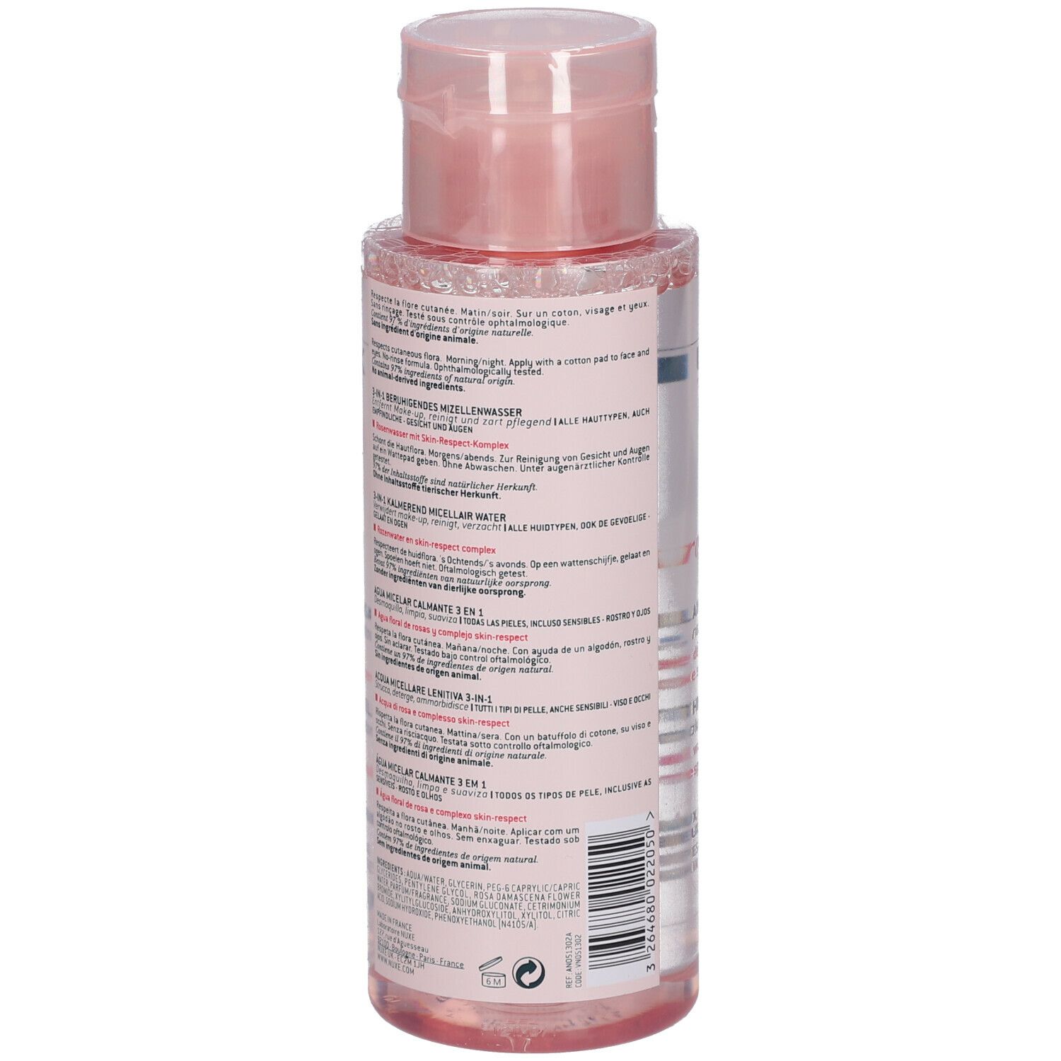 Rückseite der rosa Flasche mit Text. Aufschrift: NUXE, Very rose. Mizellenwasser 3-in-1. Inhaltsstoffe.