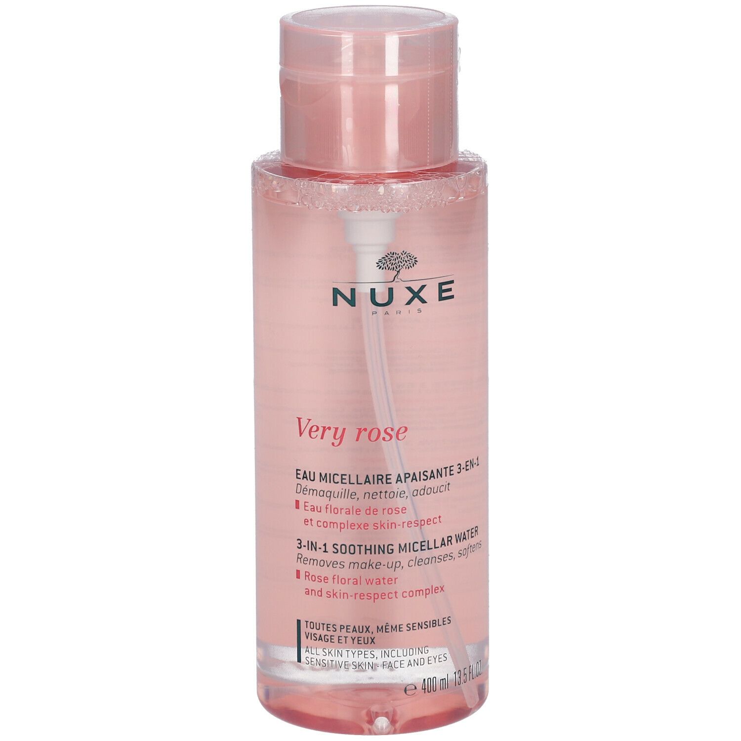 Rosa Flasche mit rosa Deckel und Sprühkopf. Aufschrift: NUXE, Very rose. Mizellenwasser 3-in-1.