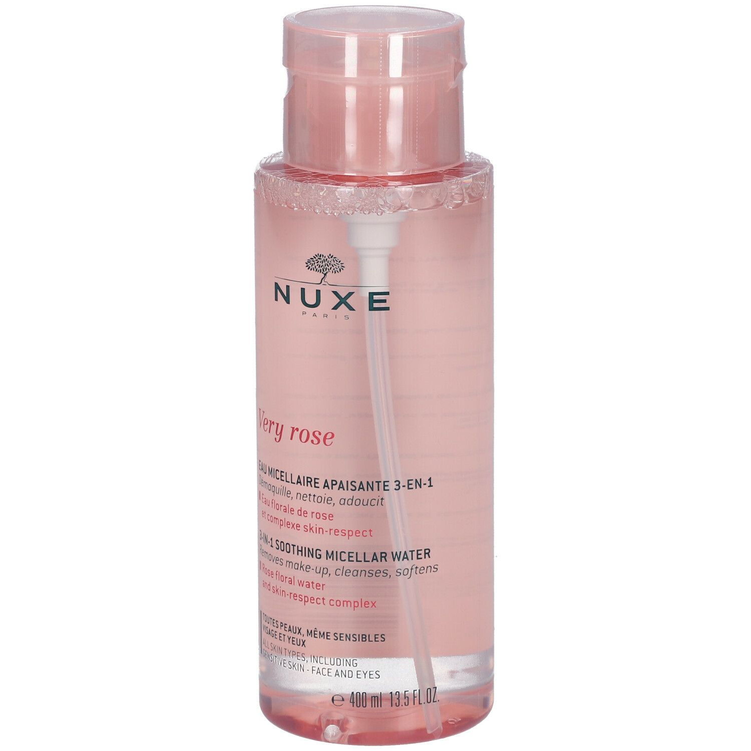 Rosa Flasche mit rosa Deckel und Sprühkopf. Aufschrift: NUXE, Very rose. Mizellenwasser 3-in-1.