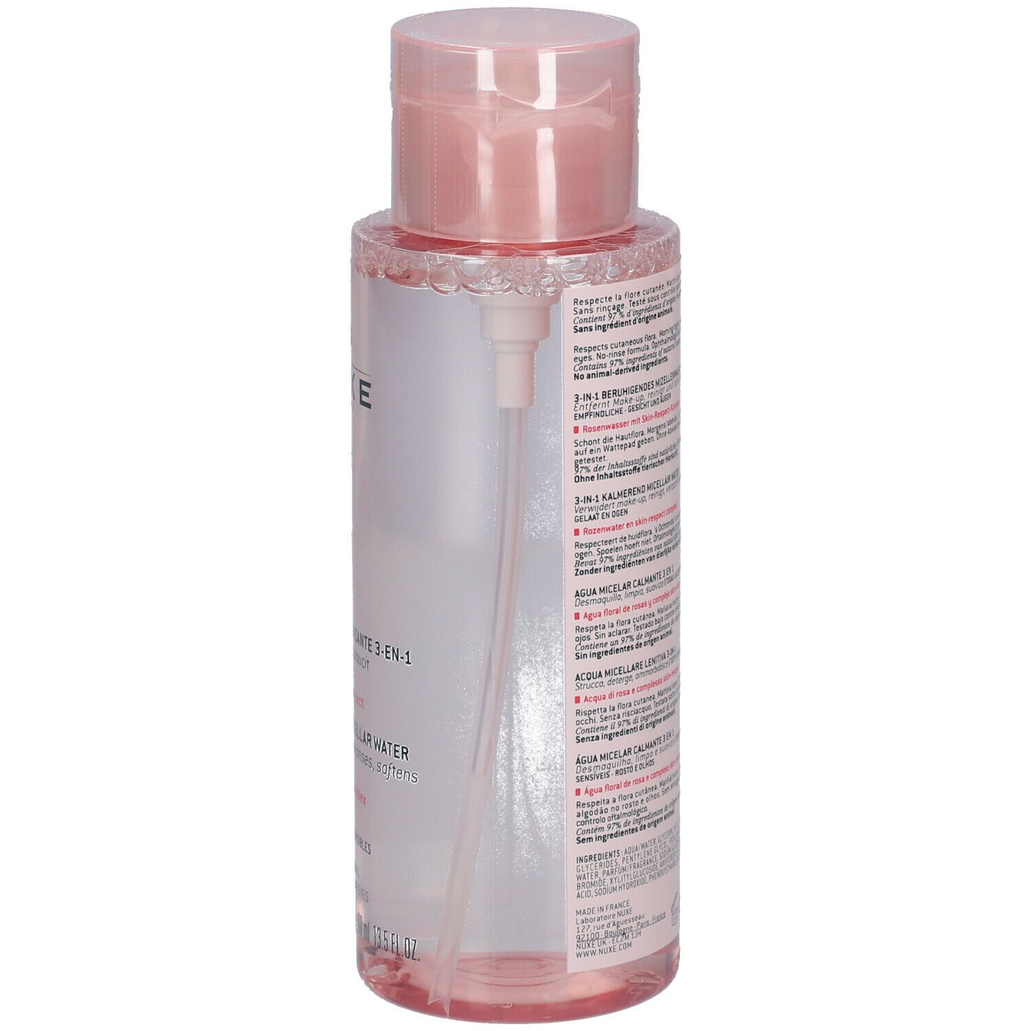 Rückseite der rosa Flasche mit Text. Aufschrift: NUXE, Very rose. Mizellenwasser 3-in-1. Inhaltsstoffe.