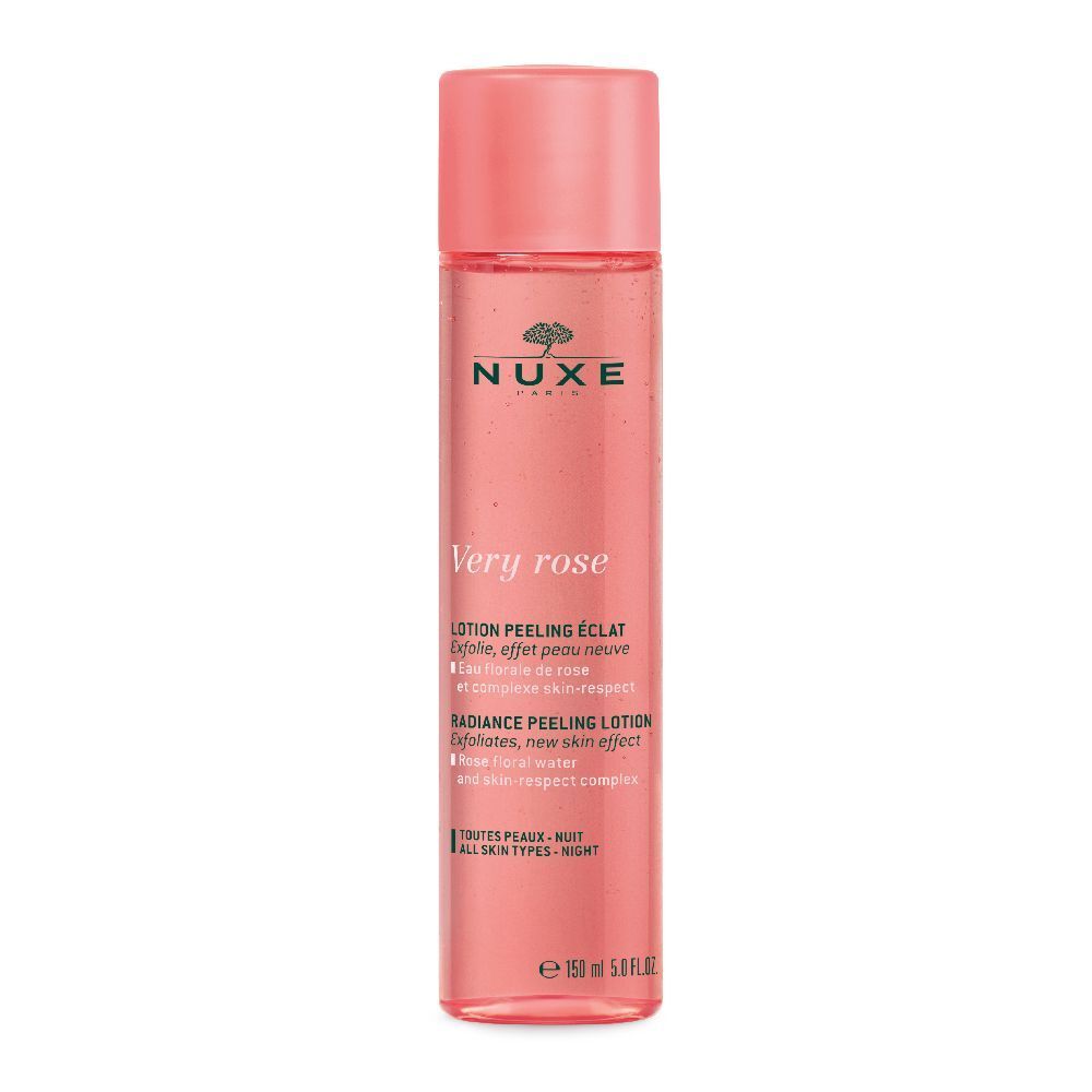 Flacone rosa con tappo rosa. Scritta: NUXE, Very Rose, Lotion peeling éclat. Per tutti i tipi di pelle.