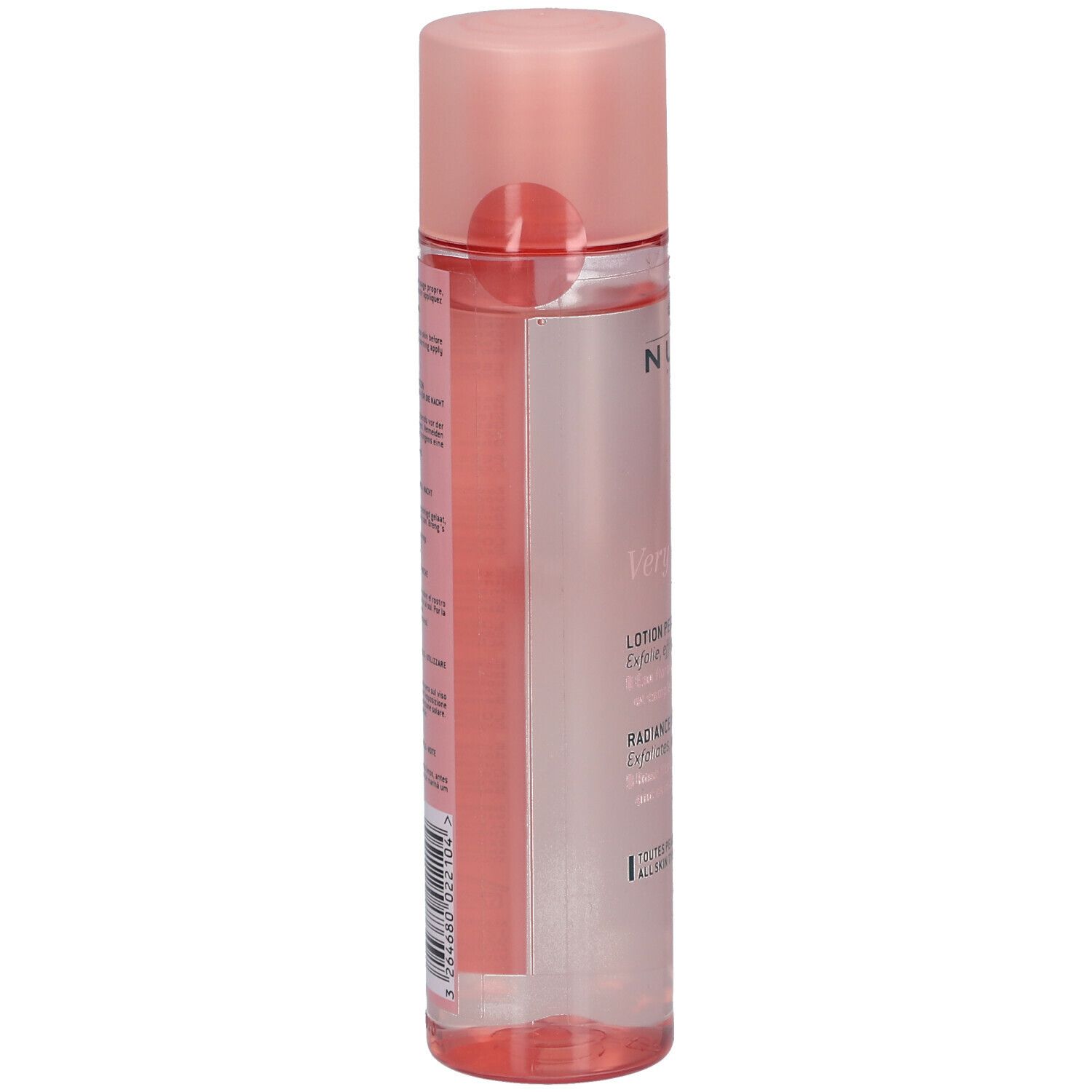 Flacone rosa con tappo rosa. Scritta e testo sul lato. Nessun'altra descrizione.