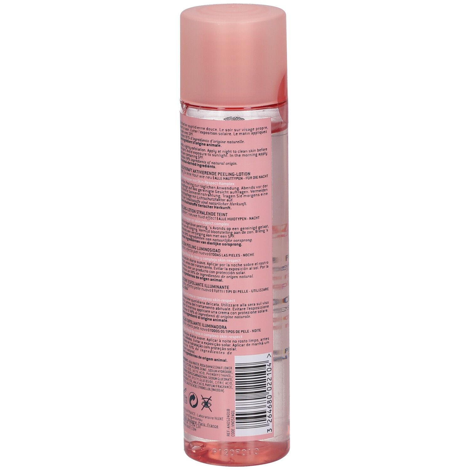Flacone rosa con tappo rosa. Testo sul lato. Nessun'altra descrizione.