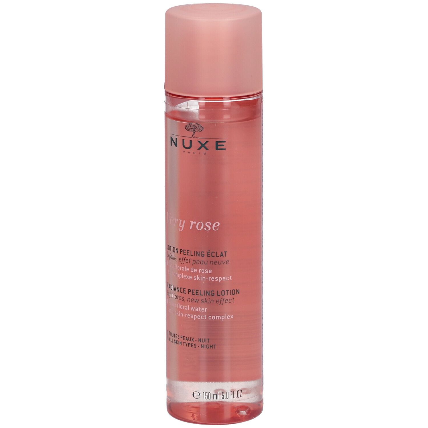 Flacone rosa con tappo rosa. Scritta: NUXE, Very Rose, Lotion peeling éclat. Per tutti i tipi di pelle.