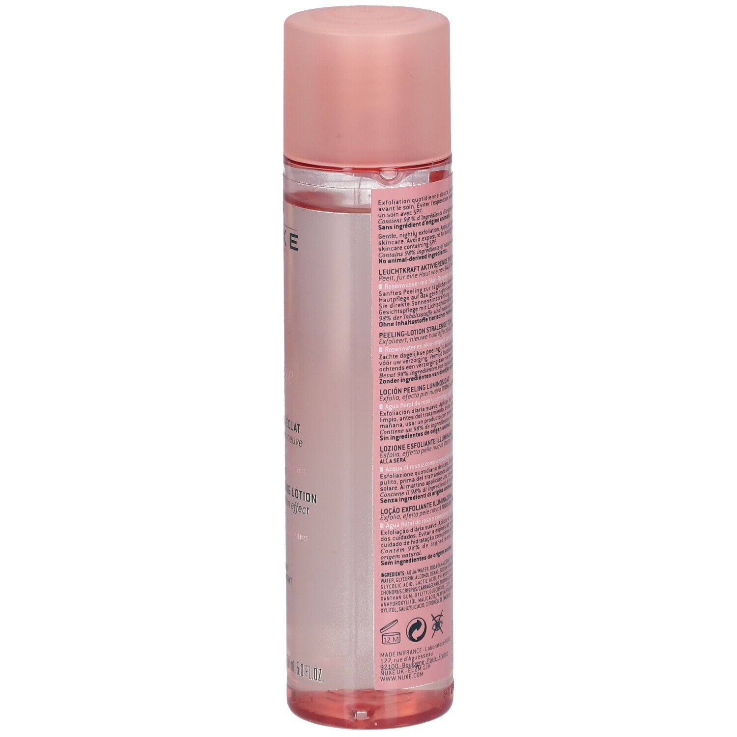 Flacone rosa con tappo rosa. Testo sul lato. Nessun'altra descrizione.