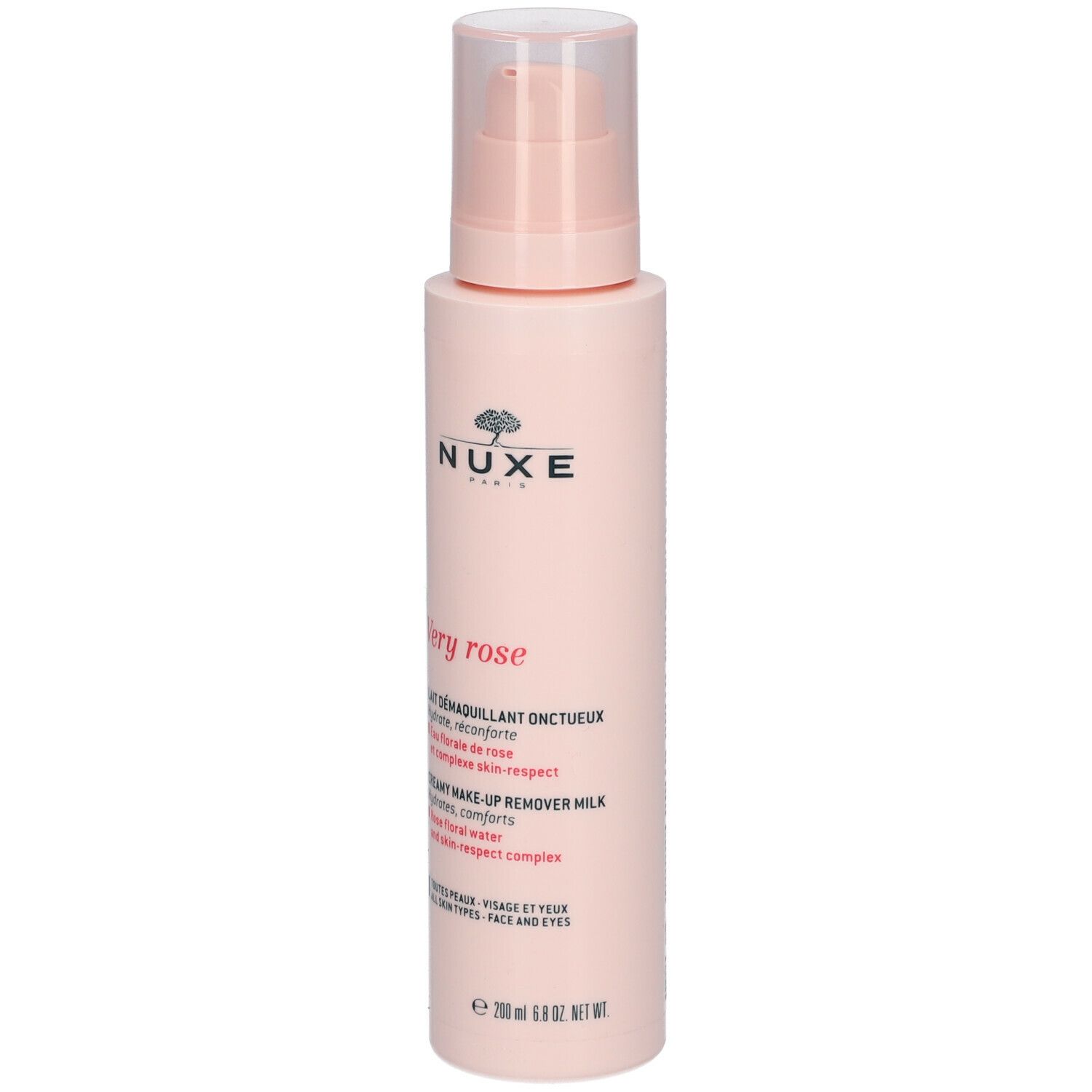 Flacon rose avec pompe. Inscription : NUXE Paris, Very Rose. Texte en français et en anglais. Pour tous types de peaux. 200 ml.