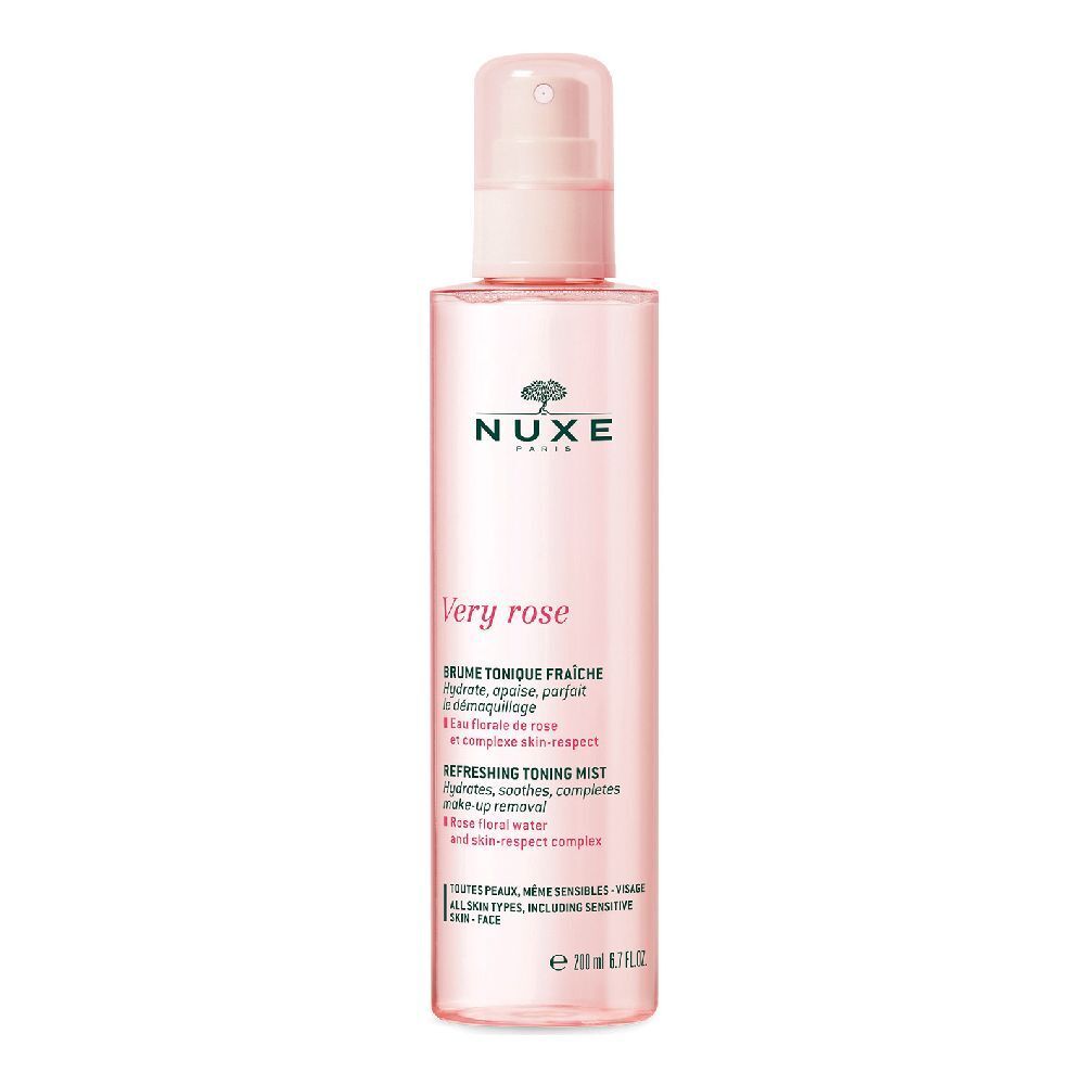 Flacone spray rosa NUXE Very Rose. Logo e testo visibili. Tappo e vaporizzatore rosa.