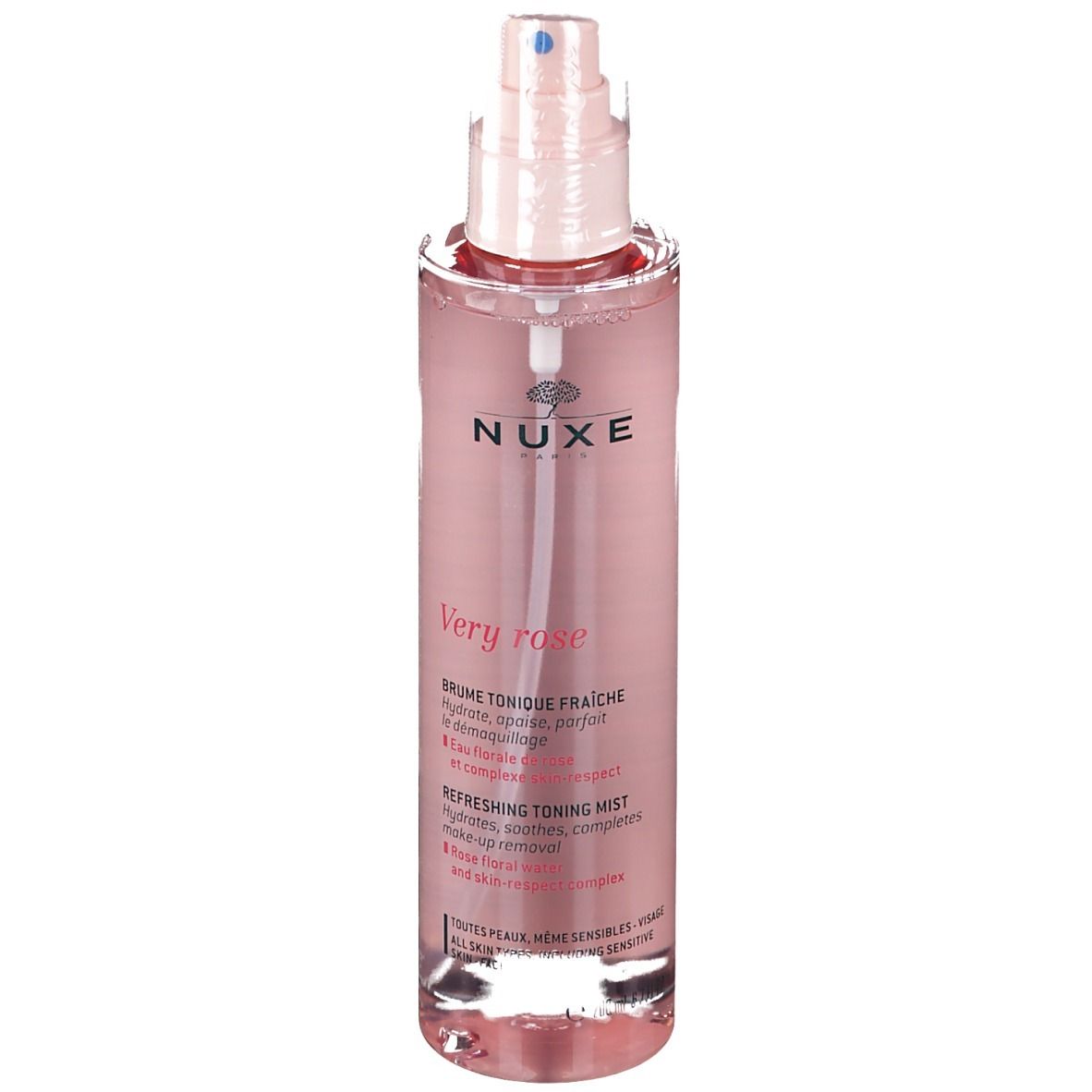 Flacone spray rosa NUXE Very Rose. Logo e testo visibili. Tappo e vaporizzatore rosa.