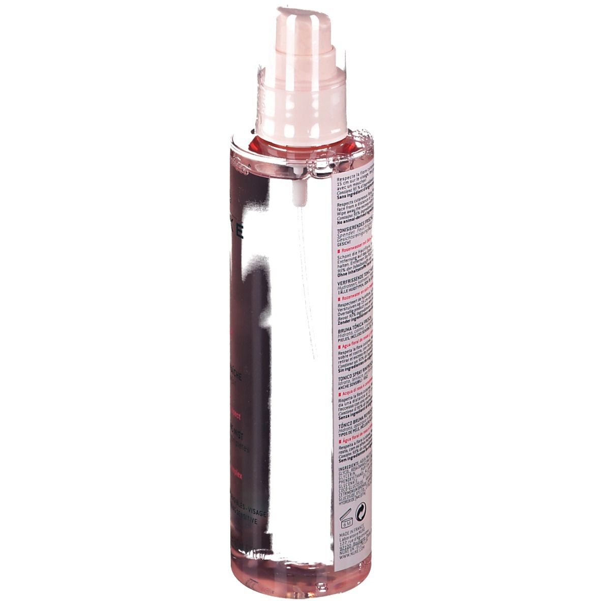 Retro del flacone spray rosa. Testo ed etichetta visibili.