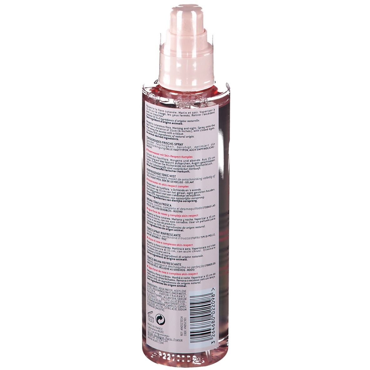 Retro del flacone spray rosa. Testo ed etichetta visibili.