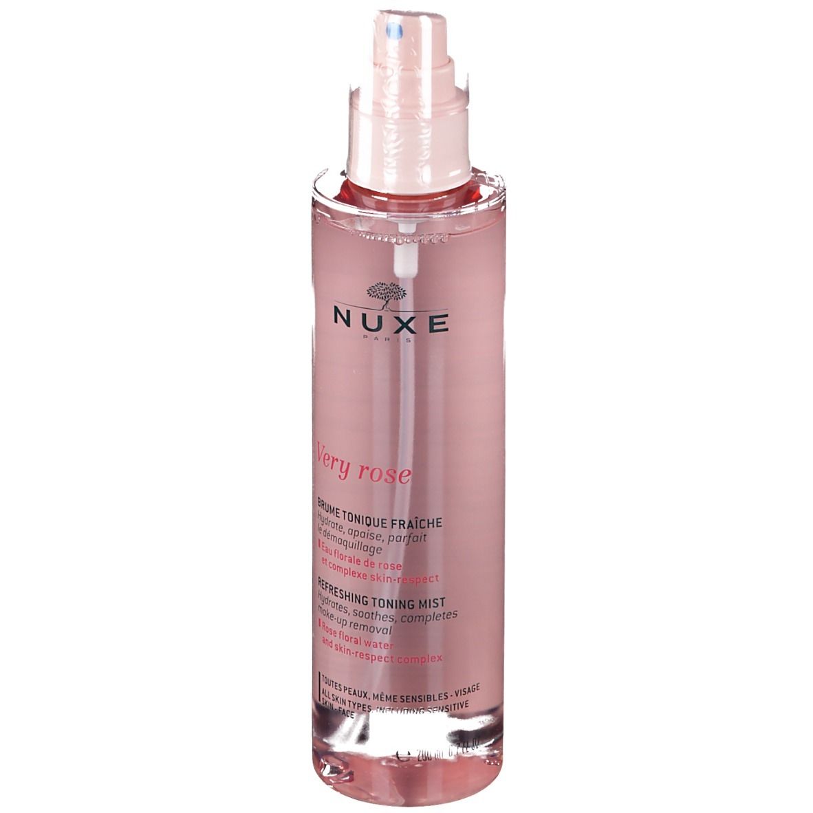 Flacone spray rosa NUXE Very Rose. Logo e testo visibili. Tappo e vaporizzatore rosa.