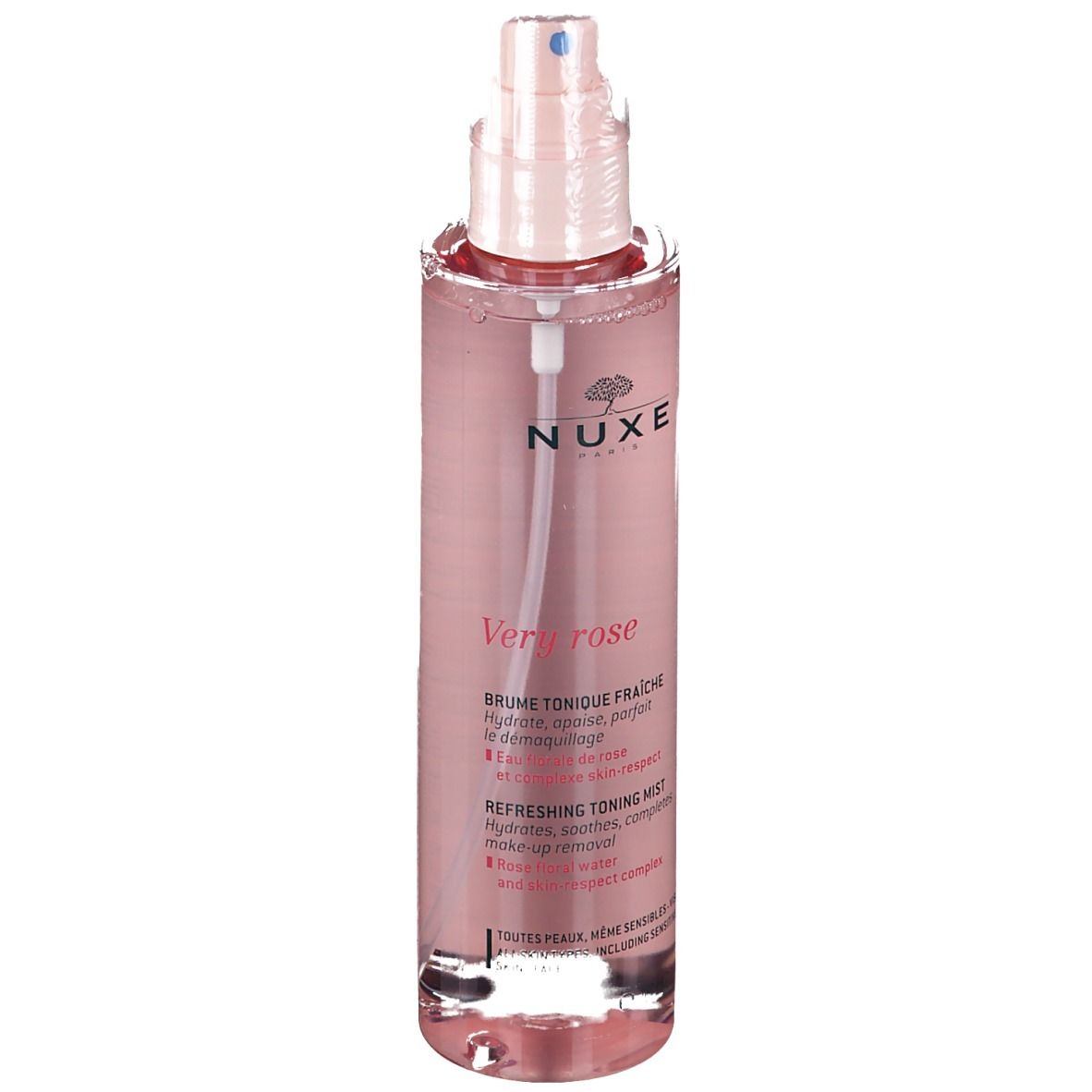 Flacone spray rosa NUXE Very Rose. Logo e testo visibili. Tappo e vaporizzatore rosa.