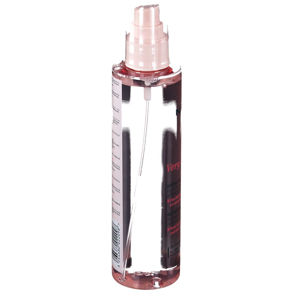 Retro del flacone spray rosa. Testo ed etichetta visibili.