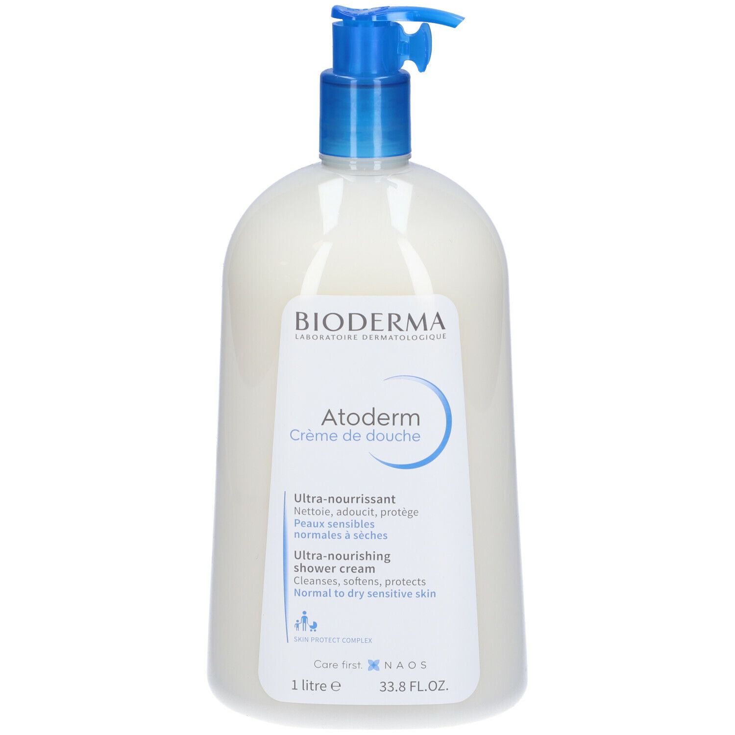 Bioderma Atoderm Ultra-nährende Duschcreme in einem weißen Spender mit blauem Pumpspender.