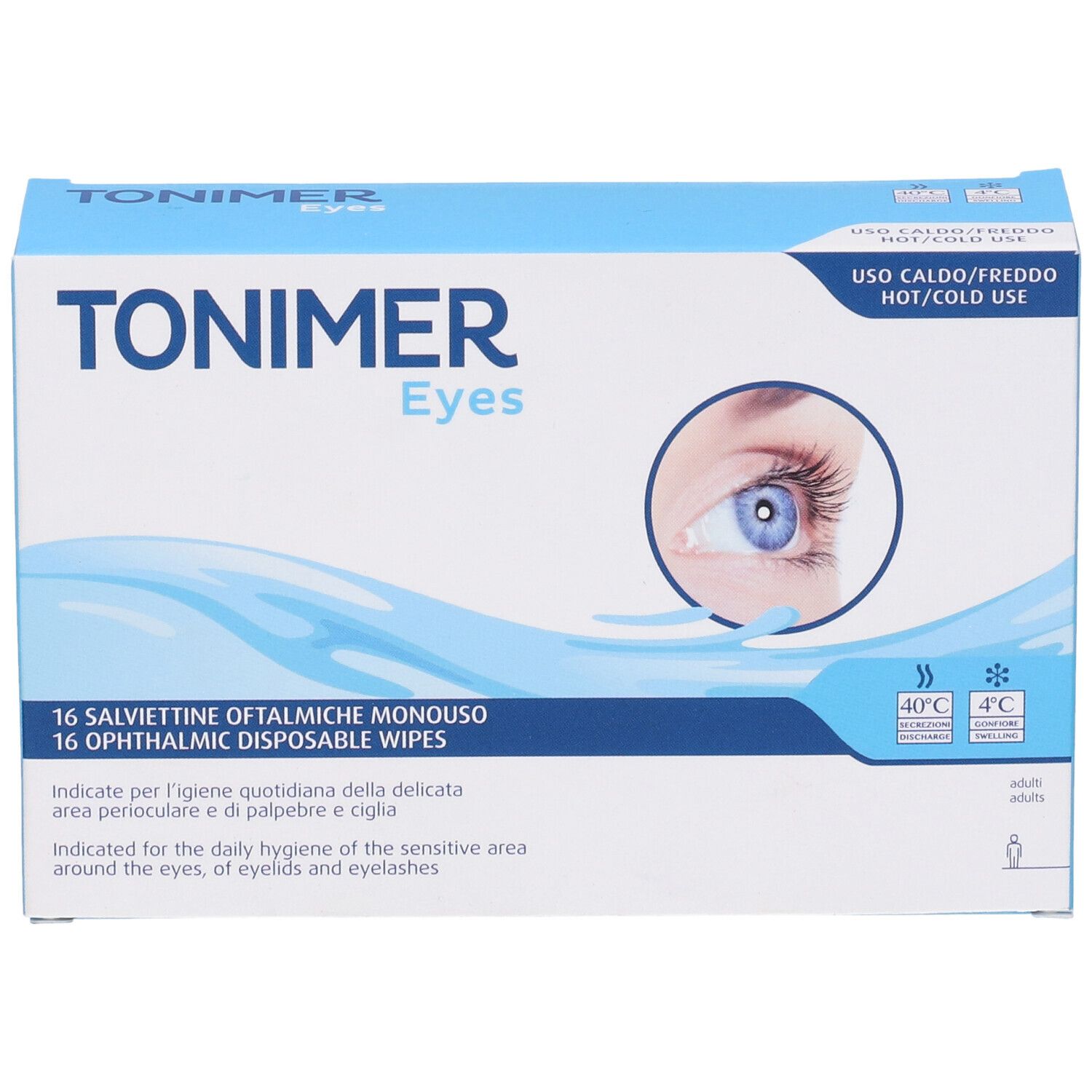 Packung mit 16 Tonimer Augen-Einwegtüchern für die Augenhygiene.