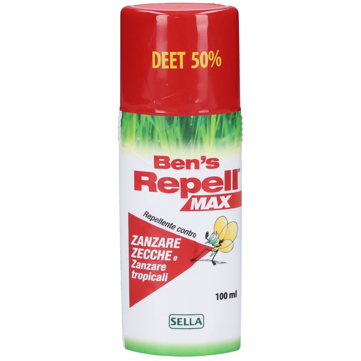 Flacone spray Ben's Repell Max, rosso-bianco. Scritta: DEET 50%, ZANZARE ZECCHE, 100 ml.