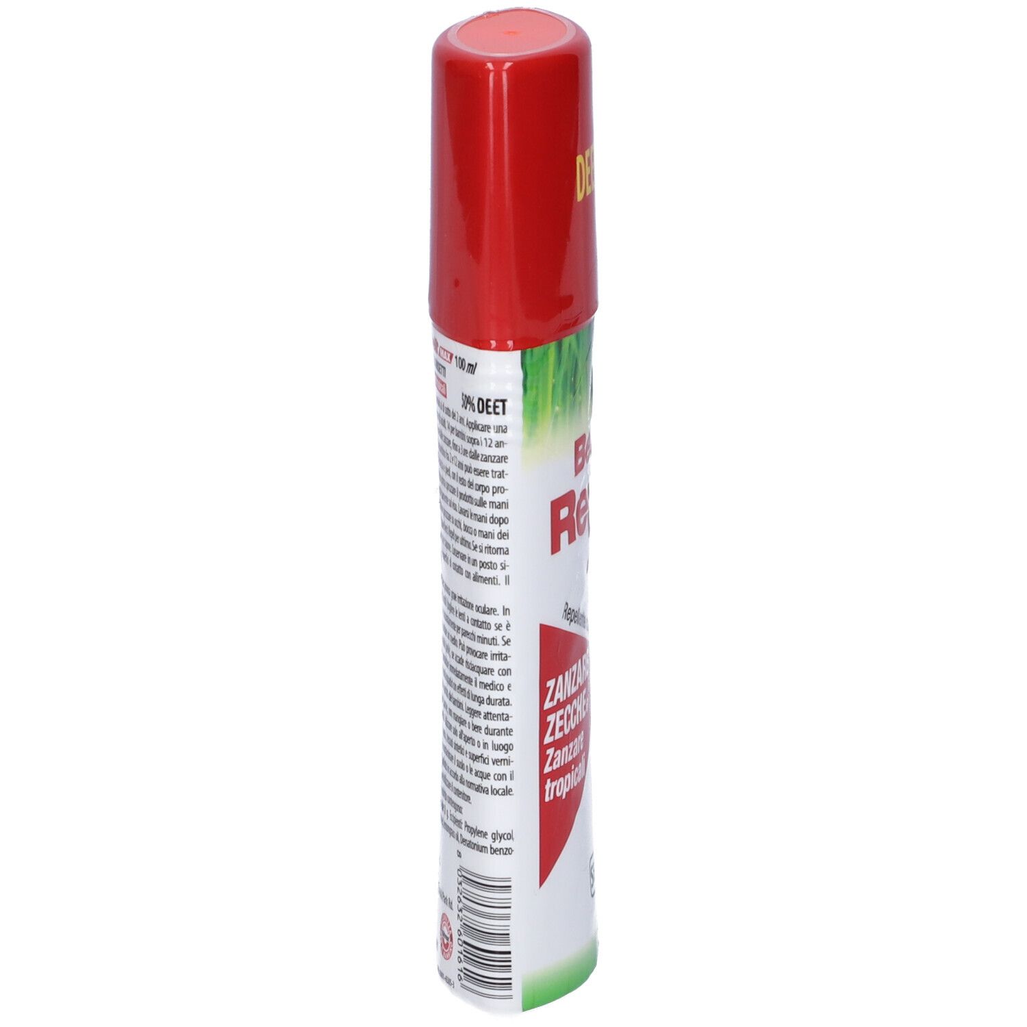 Flacone spray Ben's Repell Max, rosso-bianco. Scritta: DEET 50%, ZANZARE ZECCHE. Vista laterale.