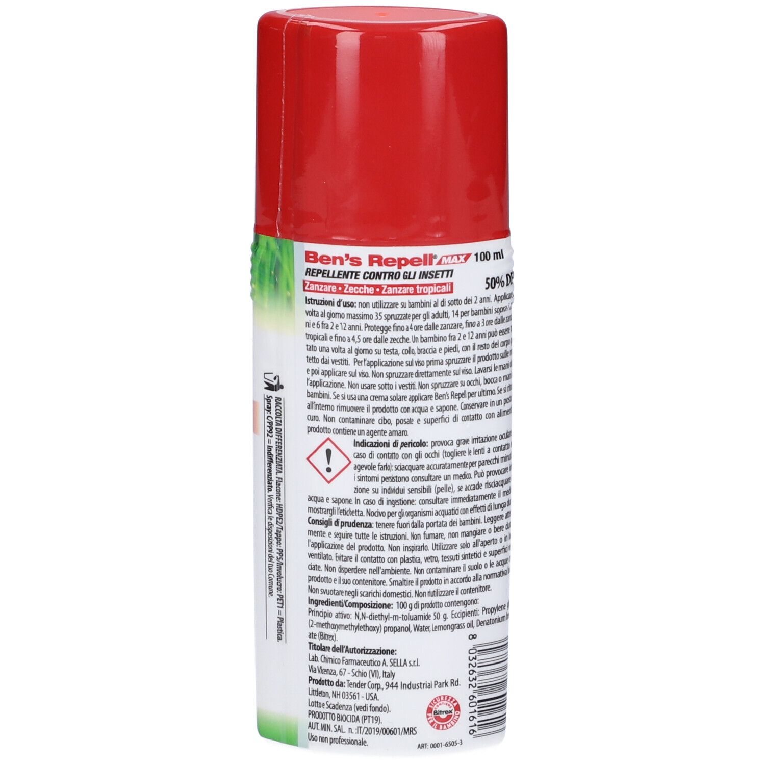Flacone spray Ben's Repell Max, rosso-bianco. Retro con testo. Scritta: DEET 50%, ZANZARE ZECCHE, 100 ml.