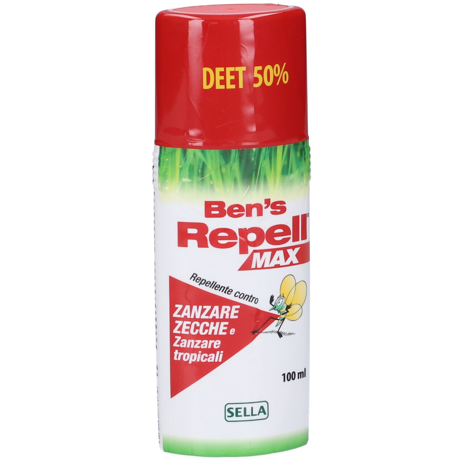 Flacone spray Ben's Repell Max, rosso-bianco. Scritta: DEET 50%, ZANZARE ZECCHE, 100 ml.