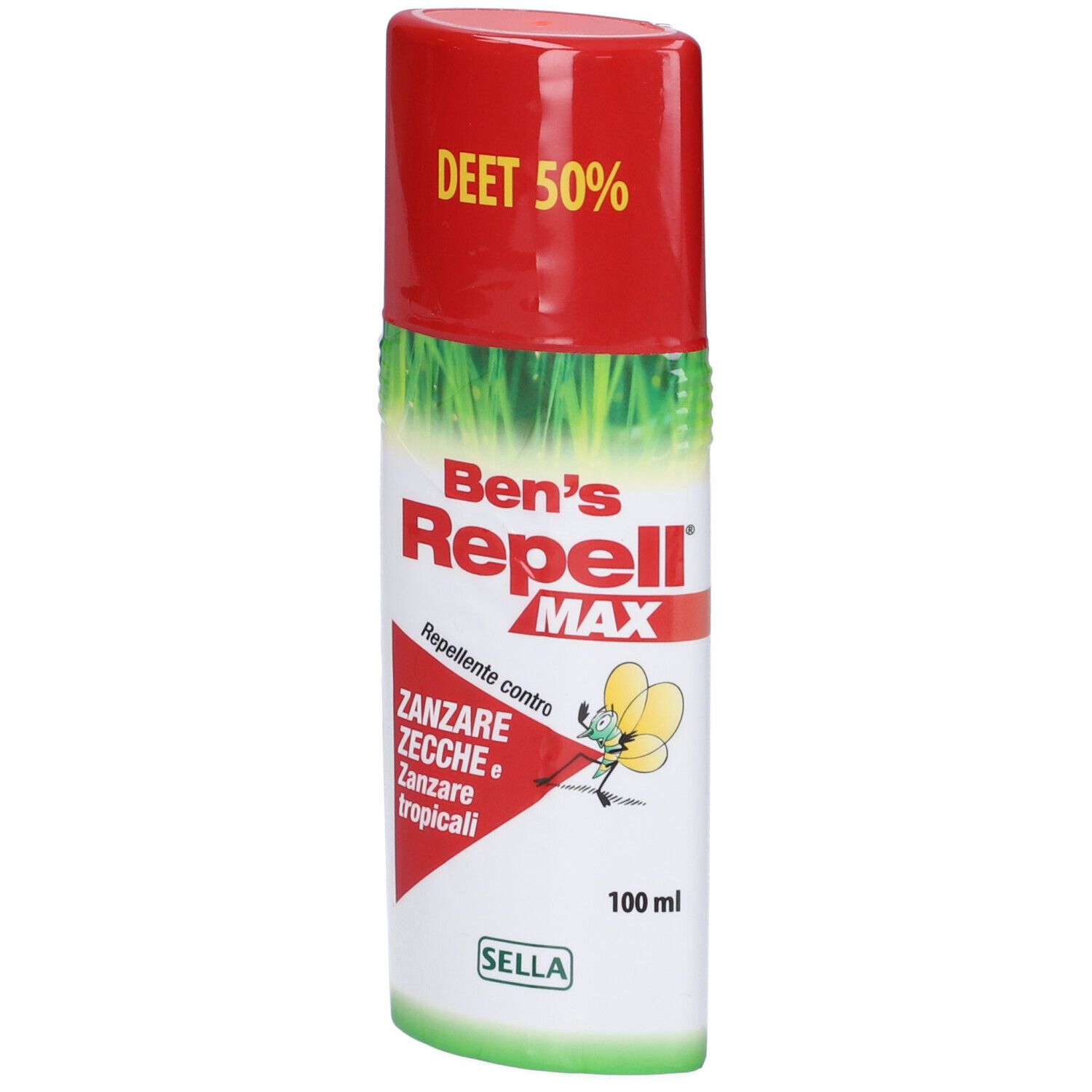 Flacone spray Ben's Repell Max, rosso-bianco. Scritta: DEET 50%, ZANZARE ZECCHE, 100 ml.