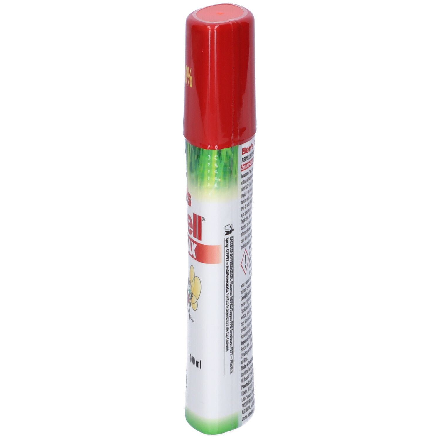 Flacone spray Ben's Repell Max, rosso-bianco. Scritta: DEET 50%, ZANZARE ZECCHE. Vista laterale.