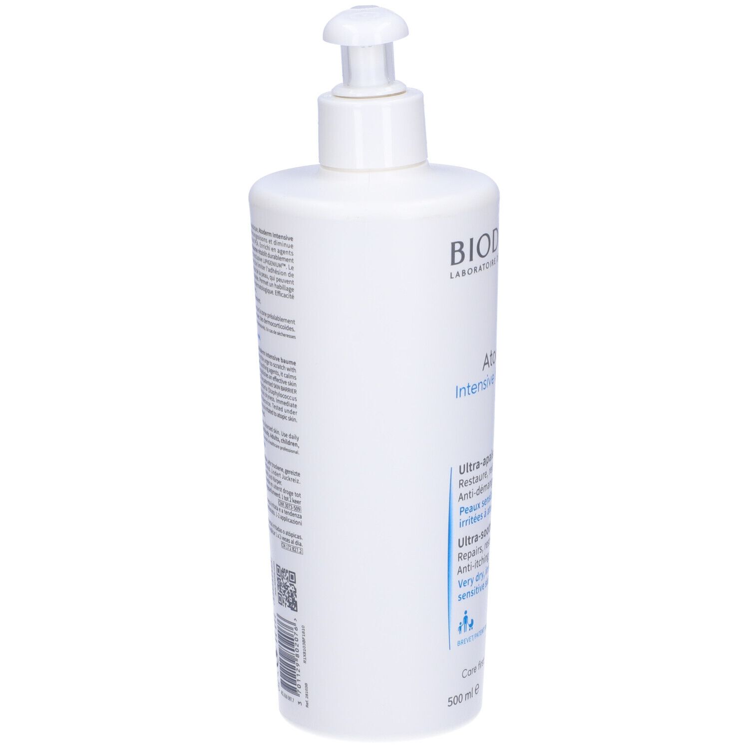 Flacone bianco con dosatore a pompa. Retro con testo. Scritta: BIODERMA, Atoderm Intensive baume. Testo multilingue.