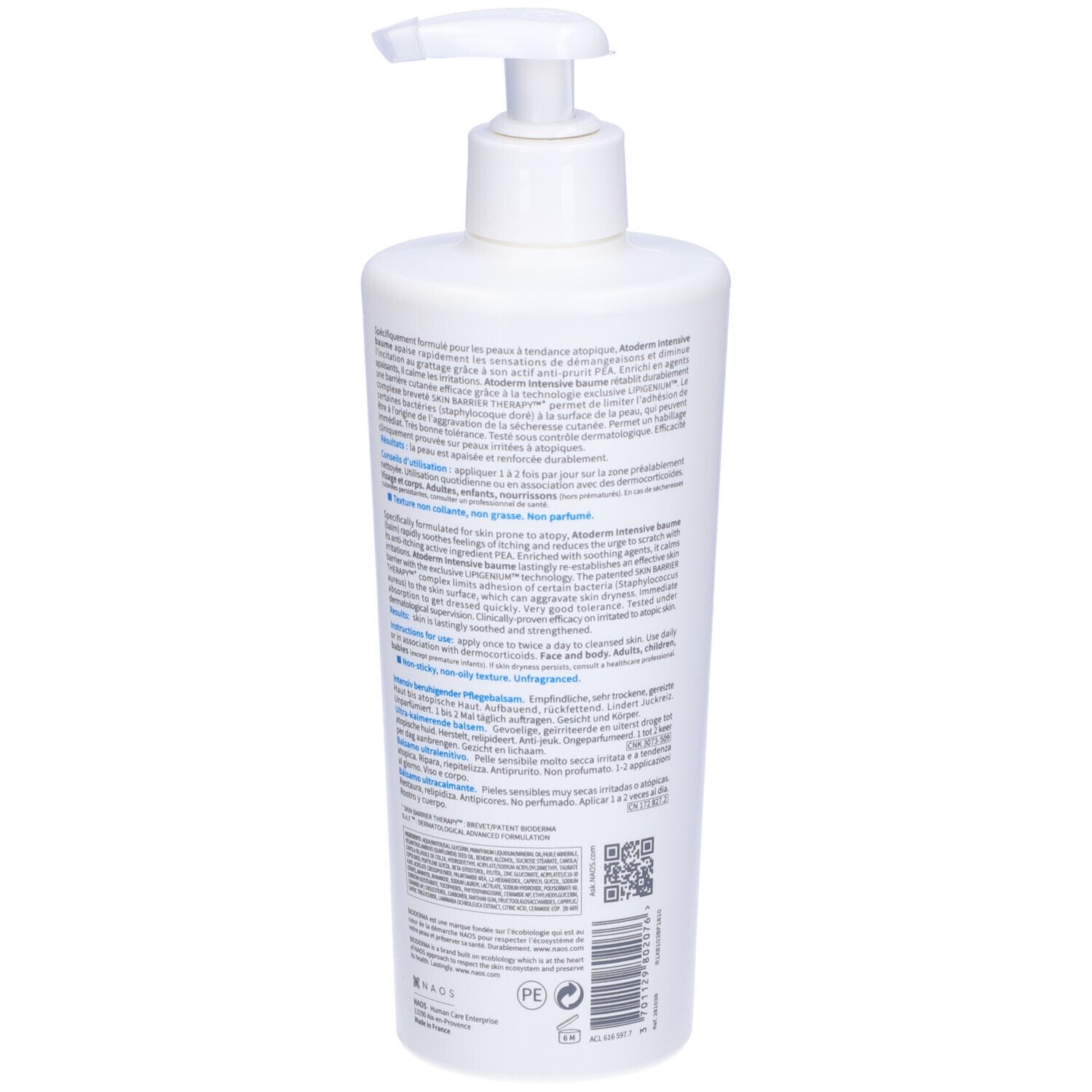 Flacone bianco con dosatore a pompa. Retro con testo. Scritta: BIODERMA, Atoderm Intensive baume. Testo multilingue.