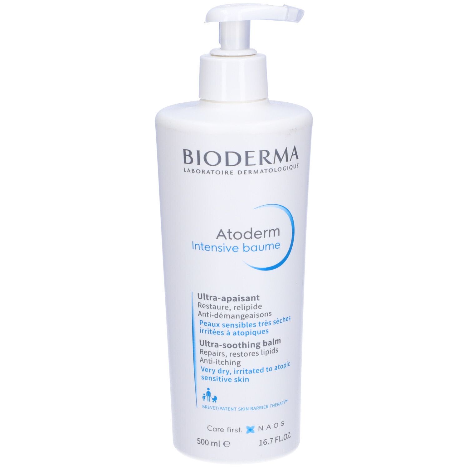 Flacone bianco con dosatore a pompa. Scritta: BIODERMA, Atoderm Intensive baume. Testo: Ultra-apaisant, Ultra-soothing balm.