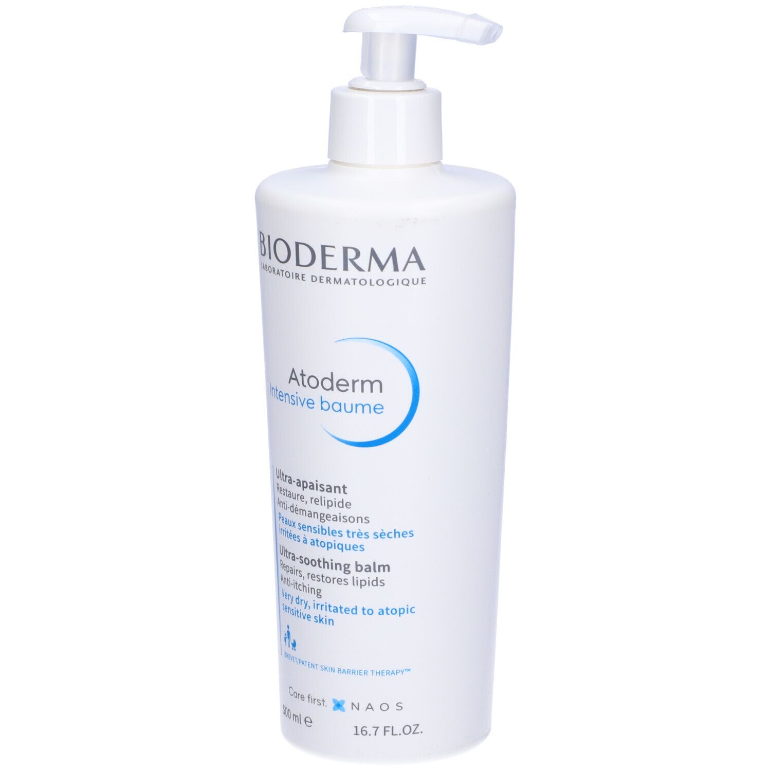 Flacone bianco con dosatore a pompa. Scritta: BIODERMA, Atoderm Intensive baume. Testo: Ultra-apaisant, Ultra-soothing balm.