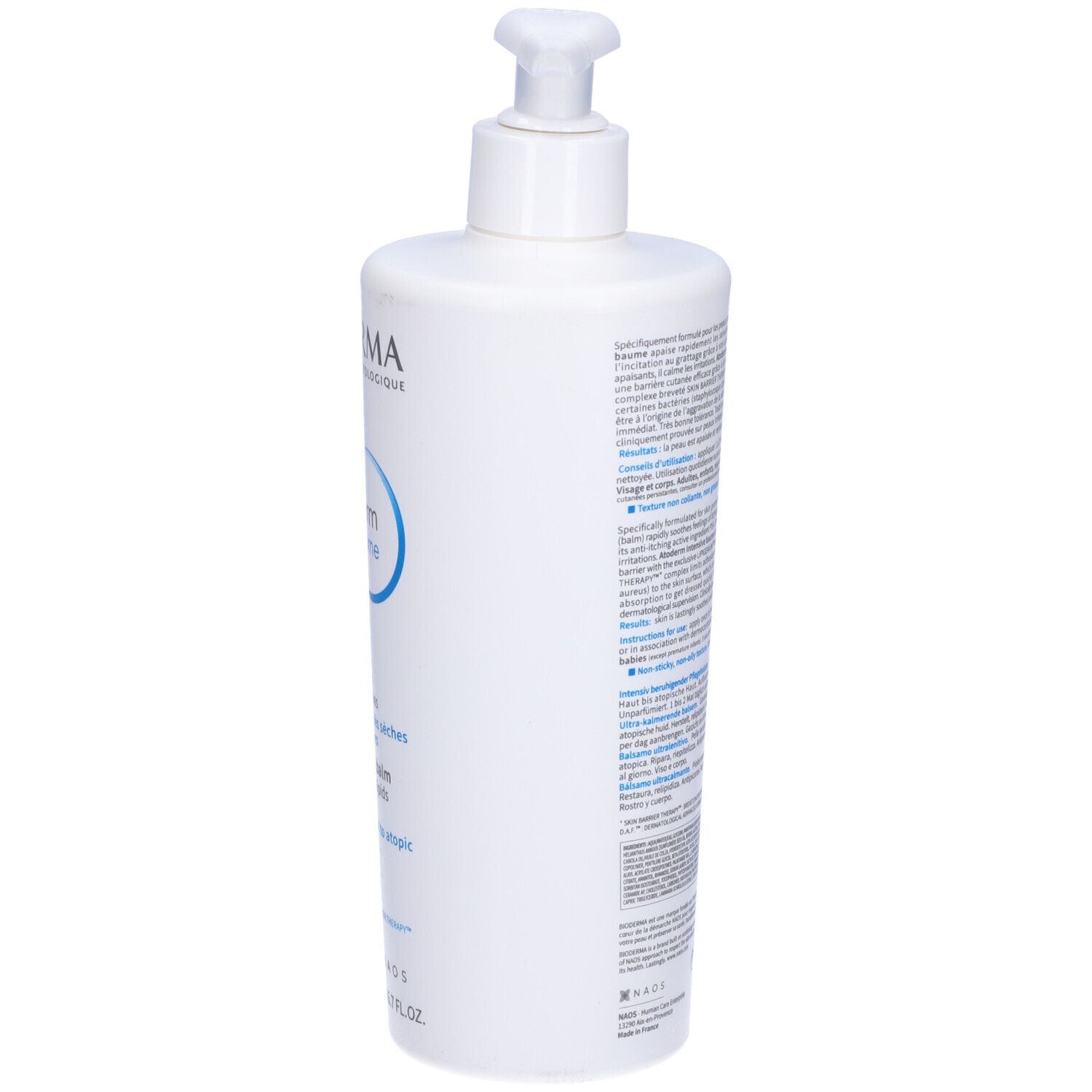 Flacone bianco con dosatore a pompa. Scritta: BIODERMA, Atoderm Intensive baume. Testo multilingue.
