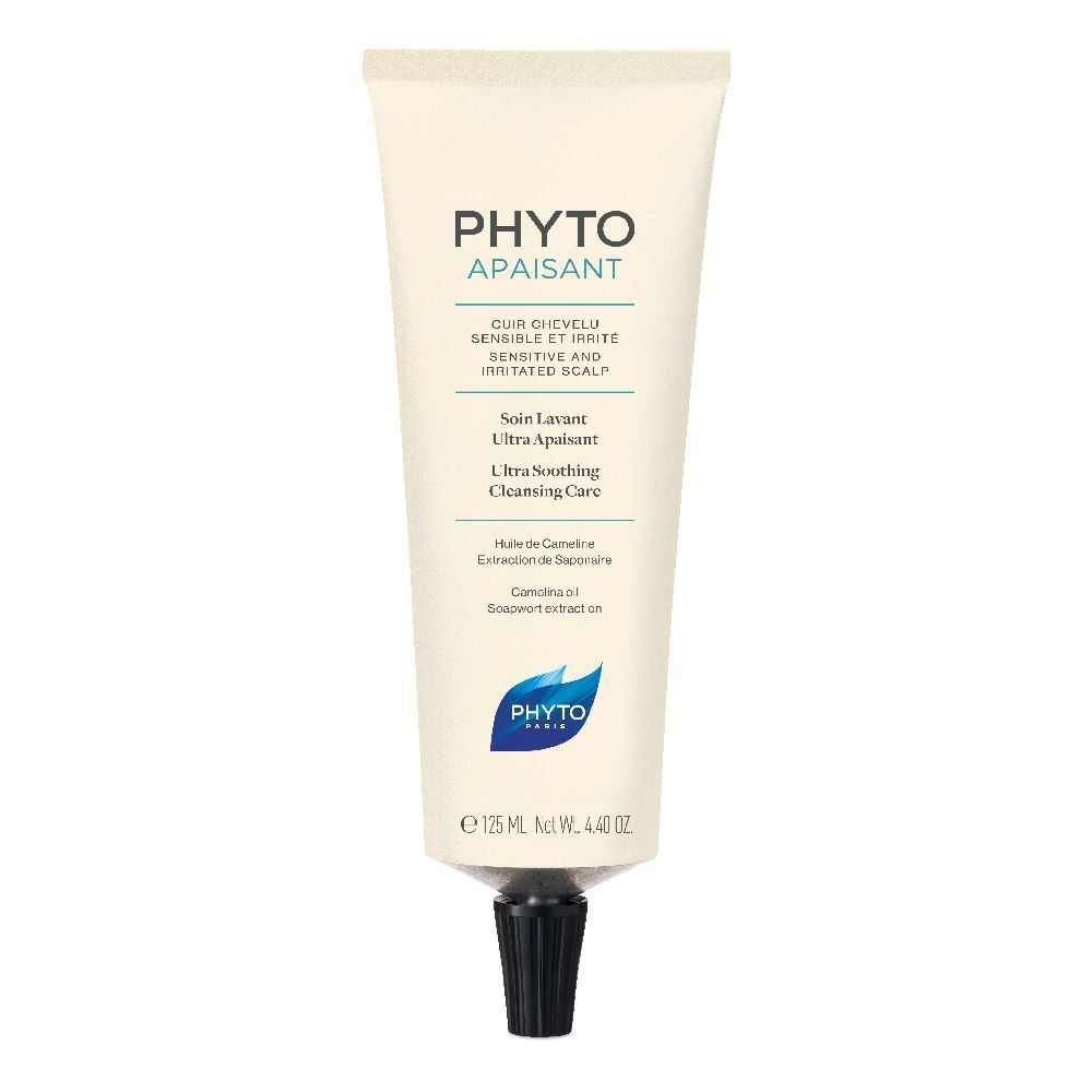 Tubo crema con tappo nero. Scritta: PHYTO APAISANT, per cuoio capelluto sensibile. Contiene 125 ml.