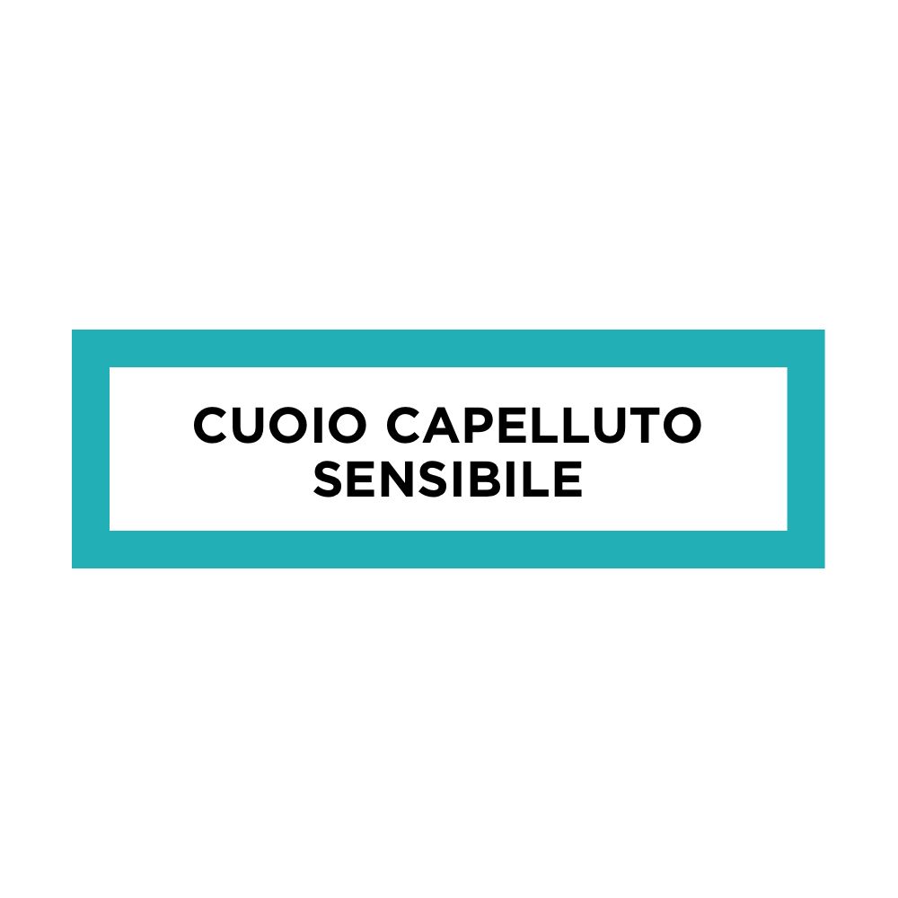 Tavola rettangolare turchese con la scritta: CUOIO CAPELLUTO SENSIBILE (cuoio capelluto sensibile).