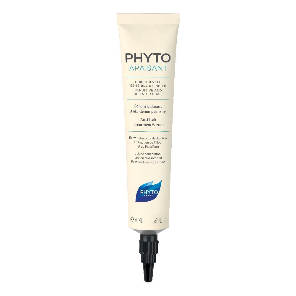 Creme-Tube mit Produktnamen und -beschreibung. Schwarzer Applikator. Marke: PHYTO. Anti-Juckreiz-Serum.