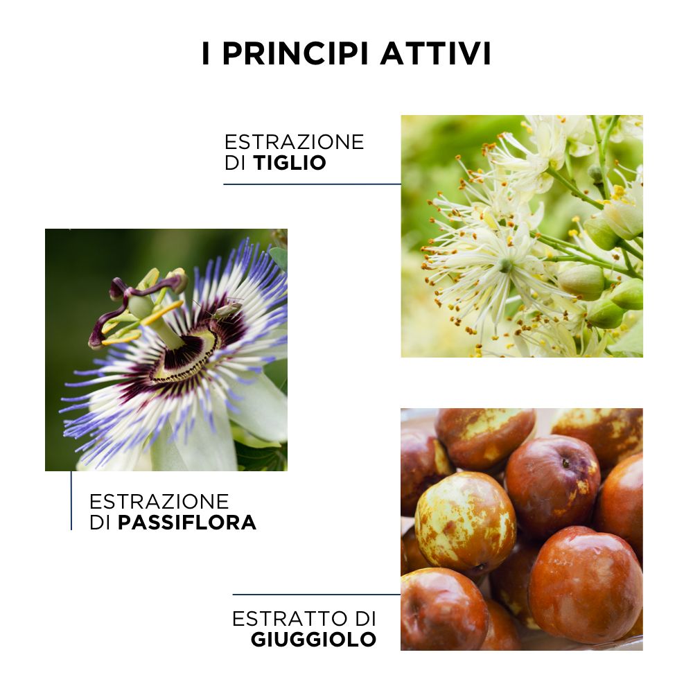 Drei Bilder von Inhaltsstoffen: Lindenblüten, Passionsblume und Jujube-Früchte. Text in Italienisch.
