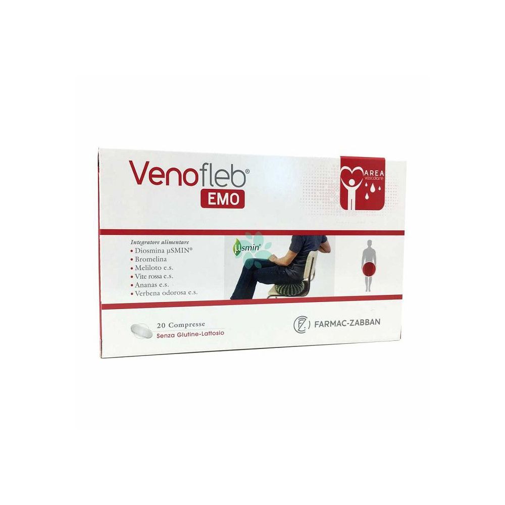 Verpackung von Venofleb Emo 20 Compresse. Weißer Karton mit roter Schrift und Logo. Enthält 20 Tabletten.