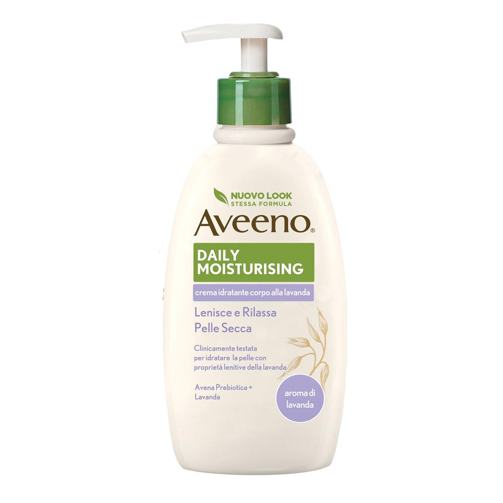 Flacone bianco con tappo verde e pompa. Scritta: Aveeno Daily Moisturising. Testo: crema idratante corpo alla lavanda.