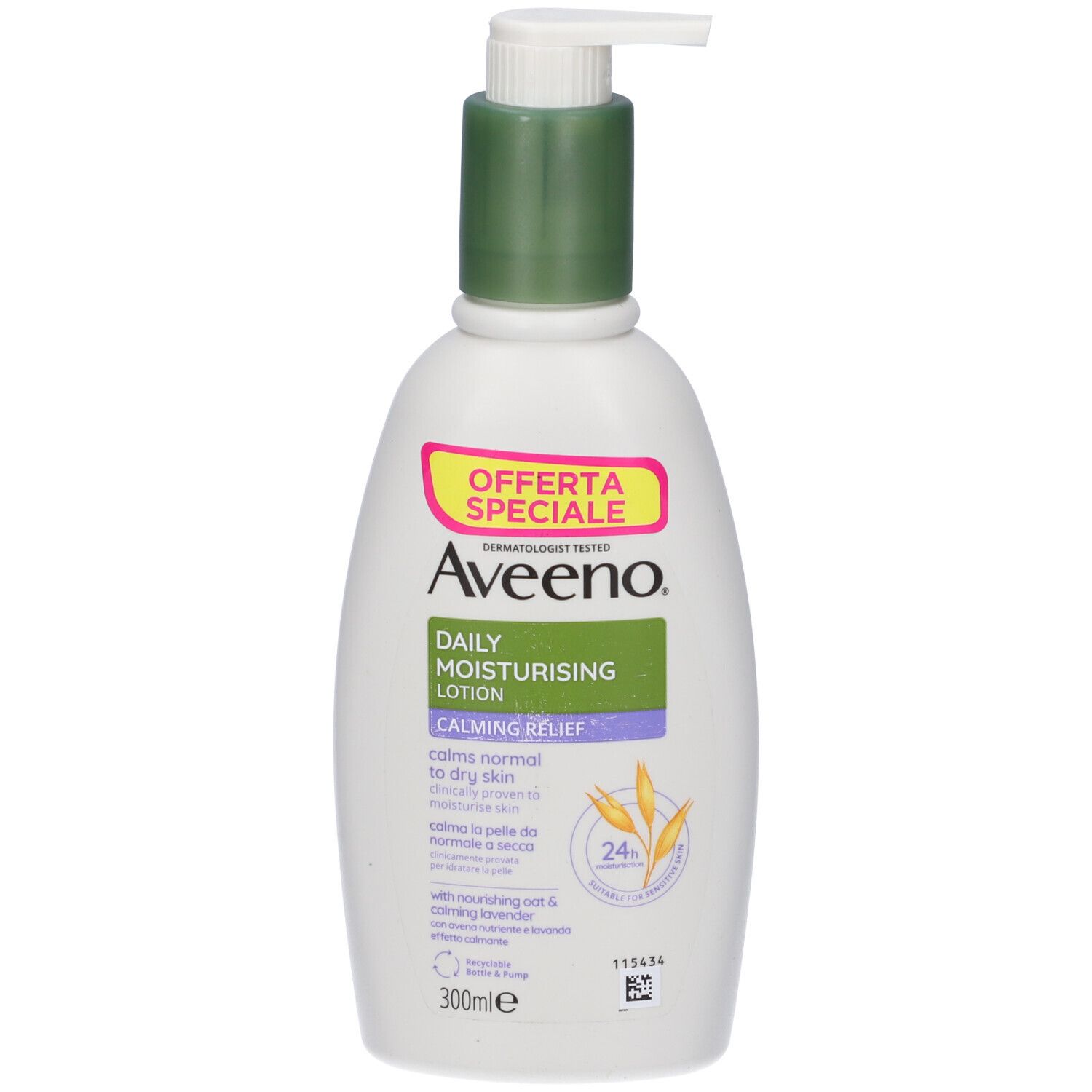 Flacone bianco con tappo verde e pompa. Scritta: Aveeno Daily Moisturising Lotion. Testo: Calming Relief.