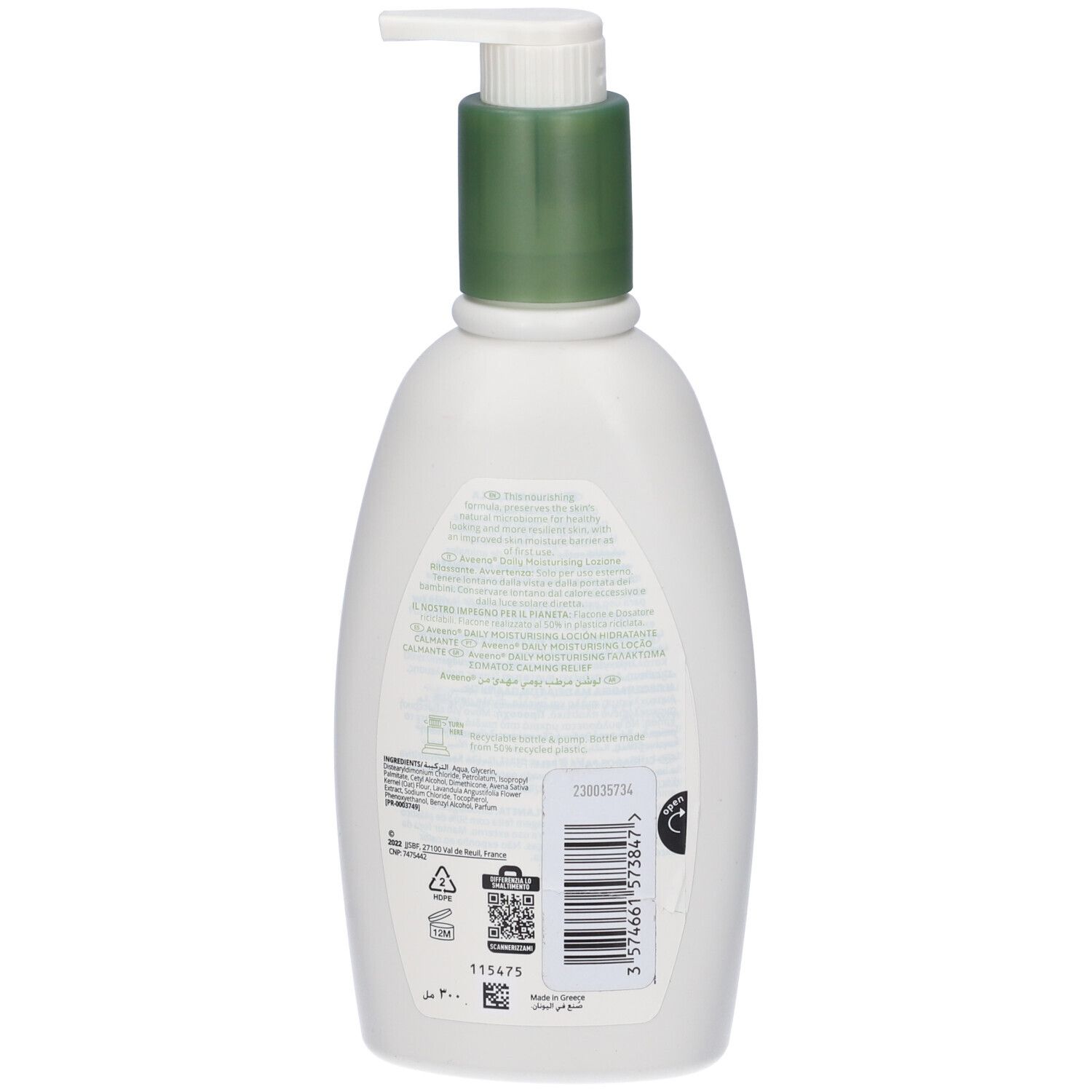 Retro di un flacone bianco con tappo verde e pompa. Testo e codice a barre.